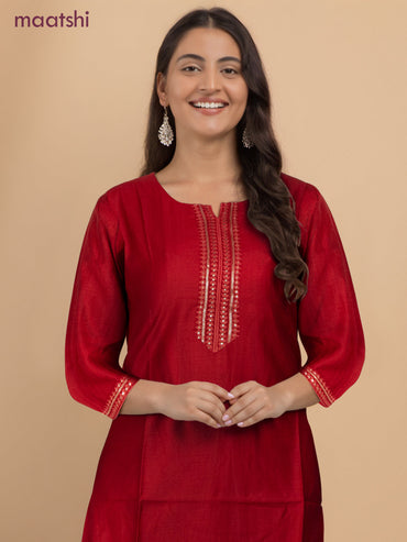 Rayon readymade kurti kum kum red with sequin lace patch work neck pattern without pant
