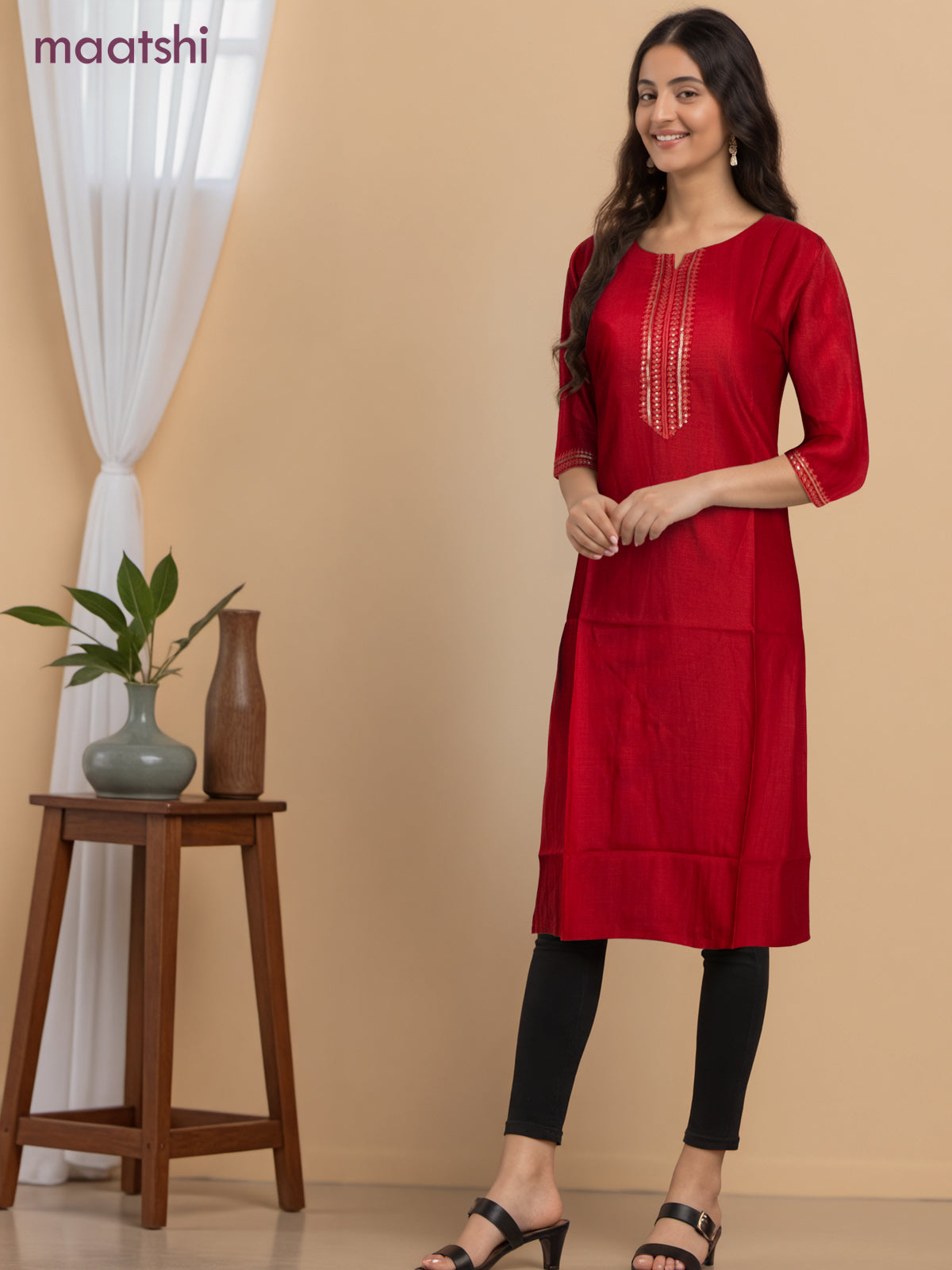Rayon readymade kurti kum kum red with sequin lace patch work neck pattern without pant