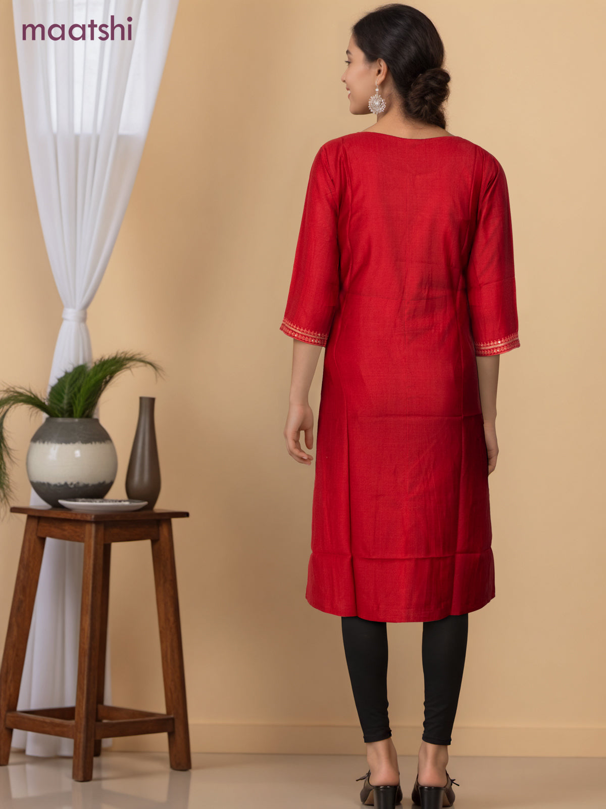 Rayon readymade kurti kum kum red with sequin lace patch work neck pattern without pant