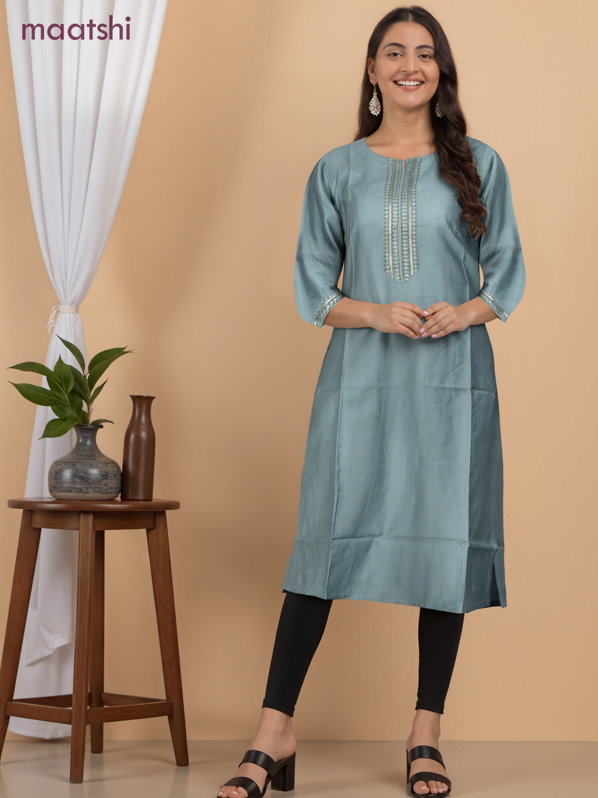 Rayon readymade kurti pastel shade of green with sequin lace patch work neck pattern without pant
