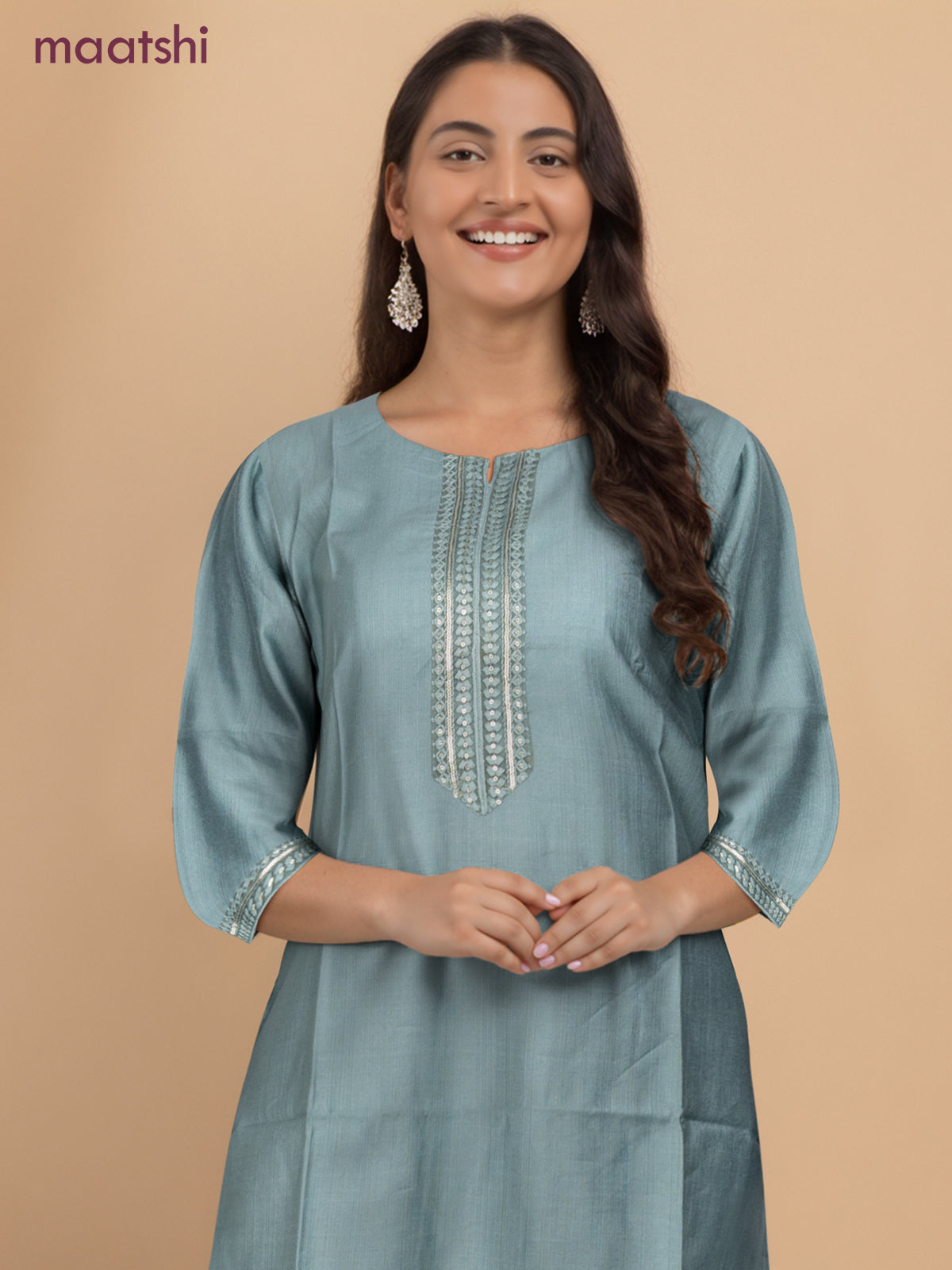 Rayon readymade kurti pastel shade of green with sequin lace patch work neck pattern without pant