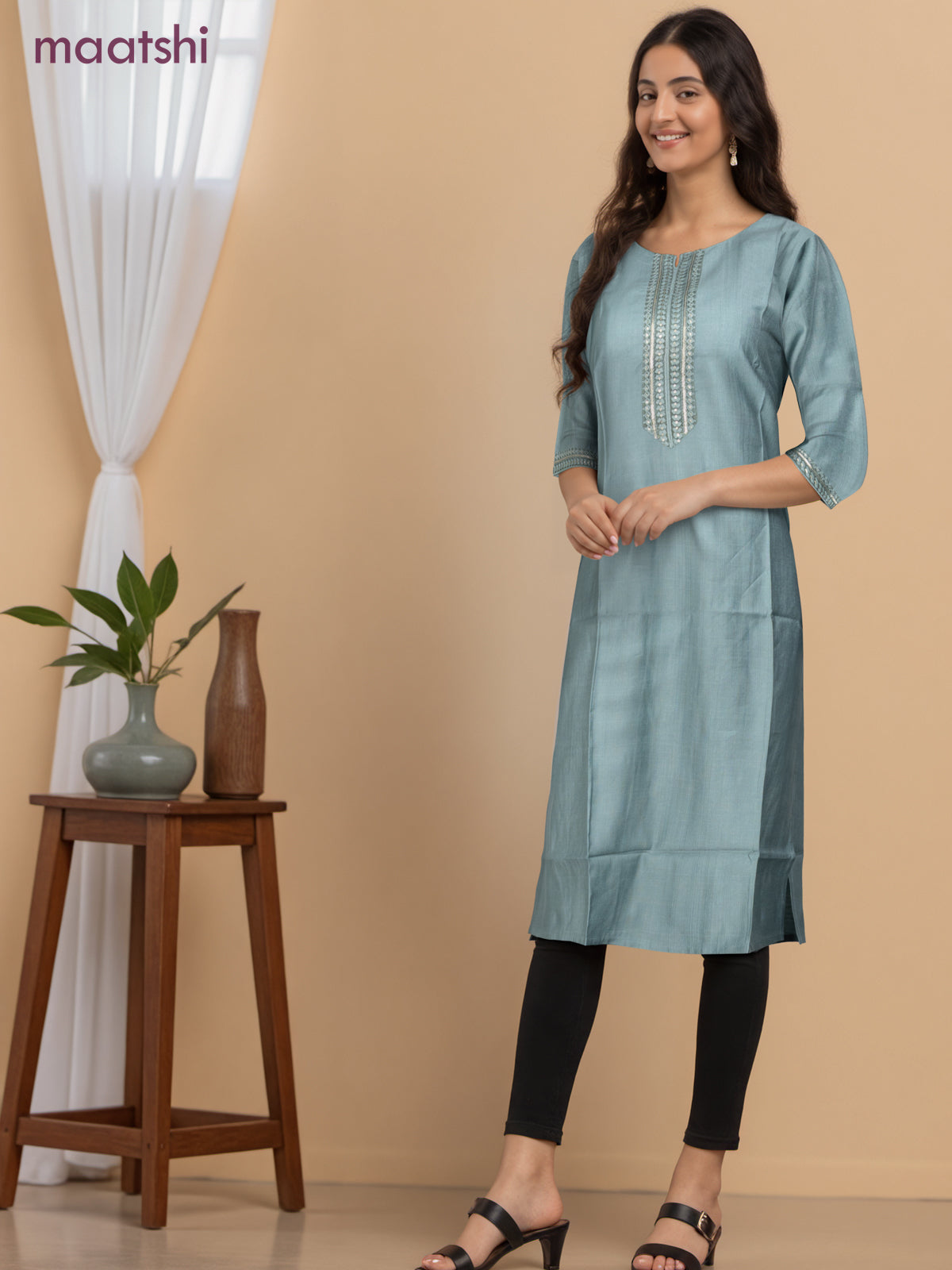 Rayon readymade kurti pastel shade of green with sequin lace patch work neck pattern without pant