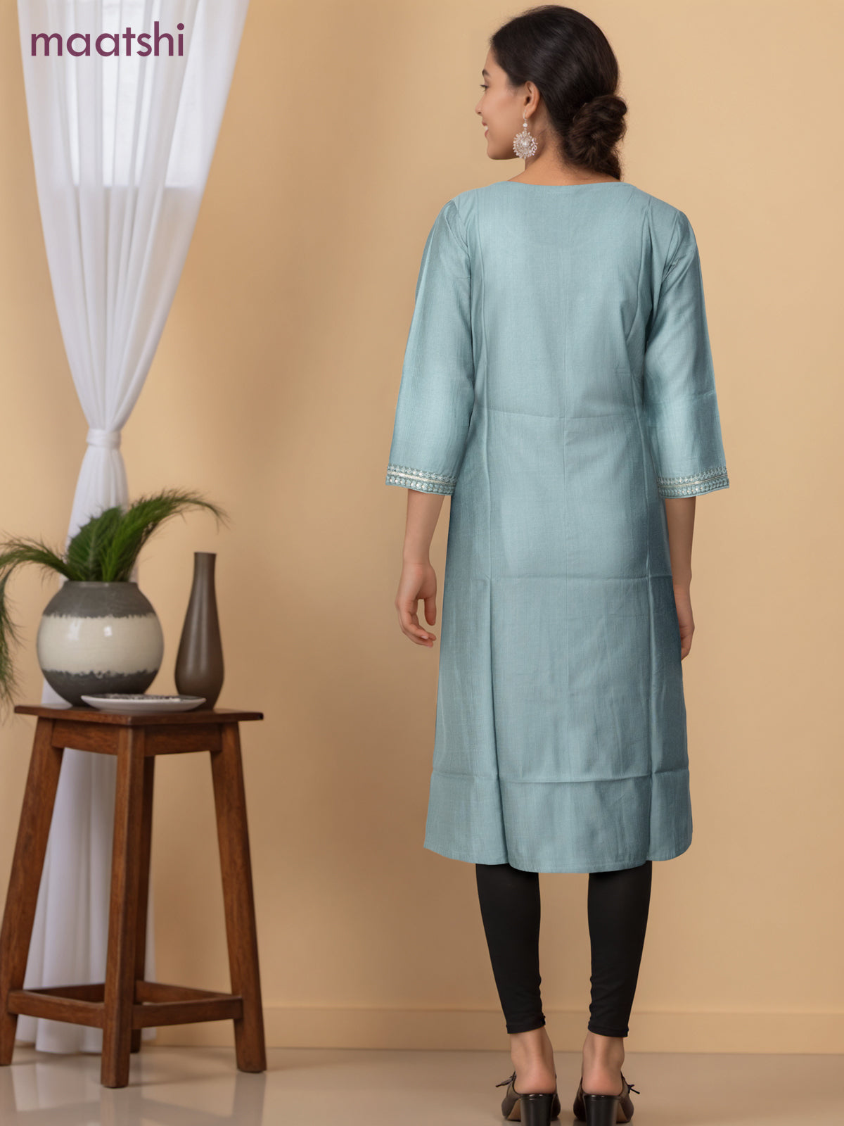 Rayon readymade kurti pastel shade of green with sequin lace patch work neck pattern without pant