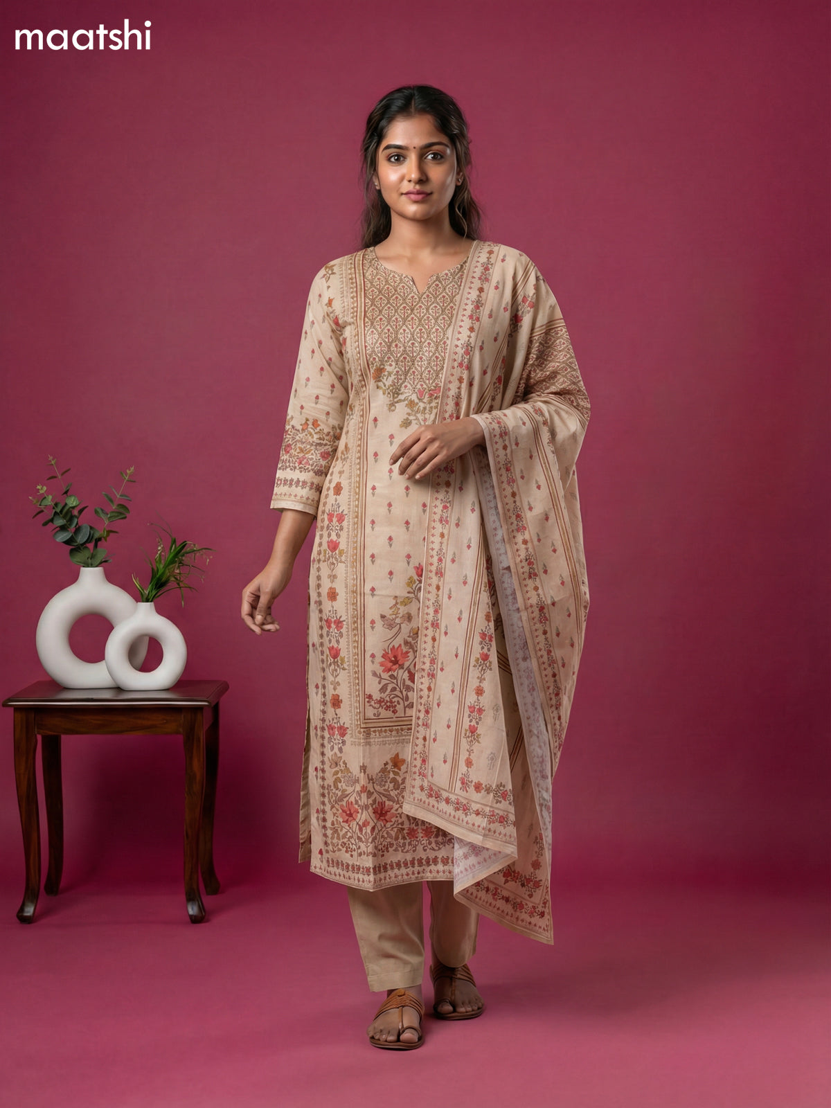 Beige Cotton Printed & Embroidery Work Straight Suit