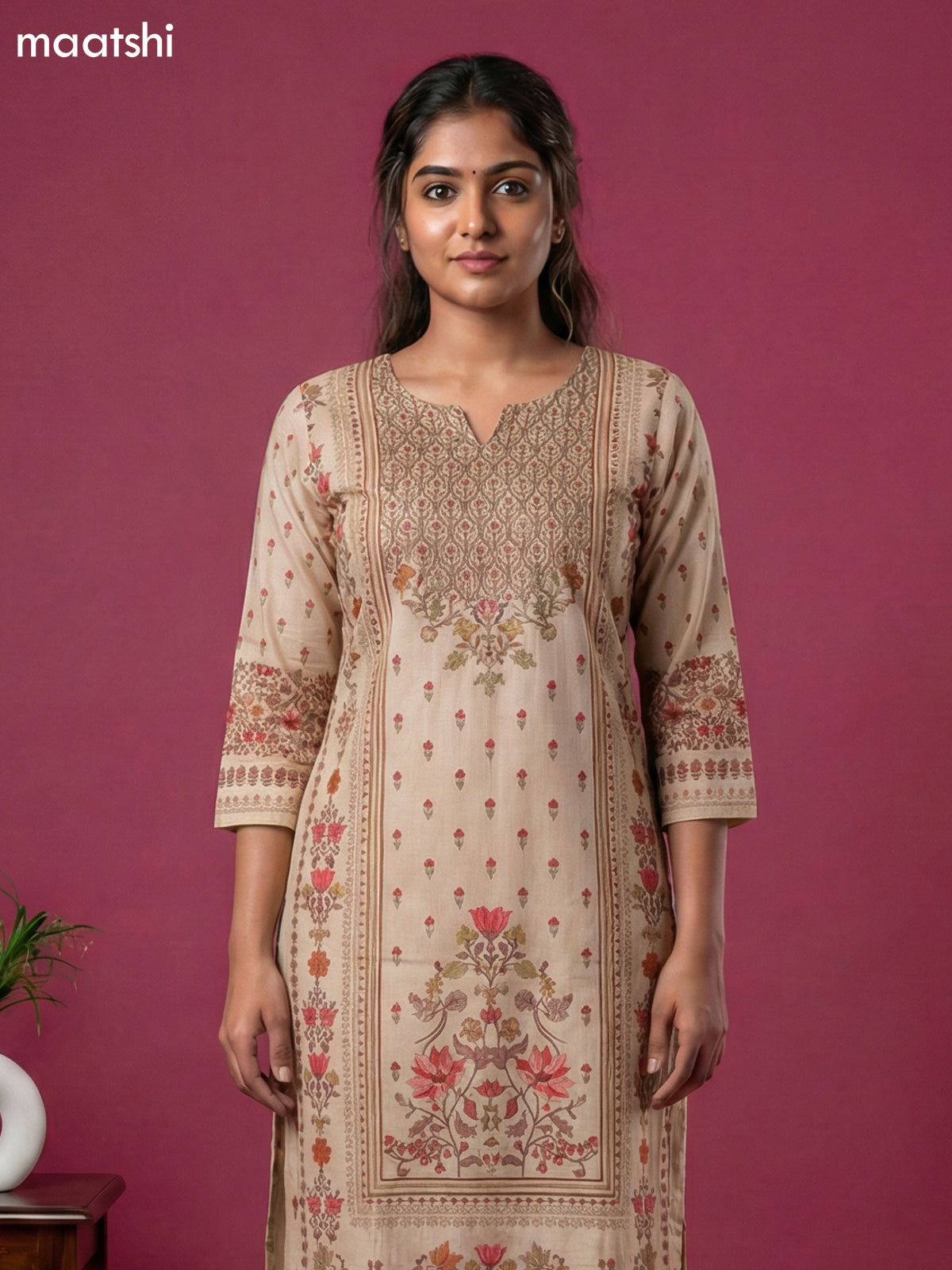 Beige Cotton Printed & Embroidery Work Straight Suit