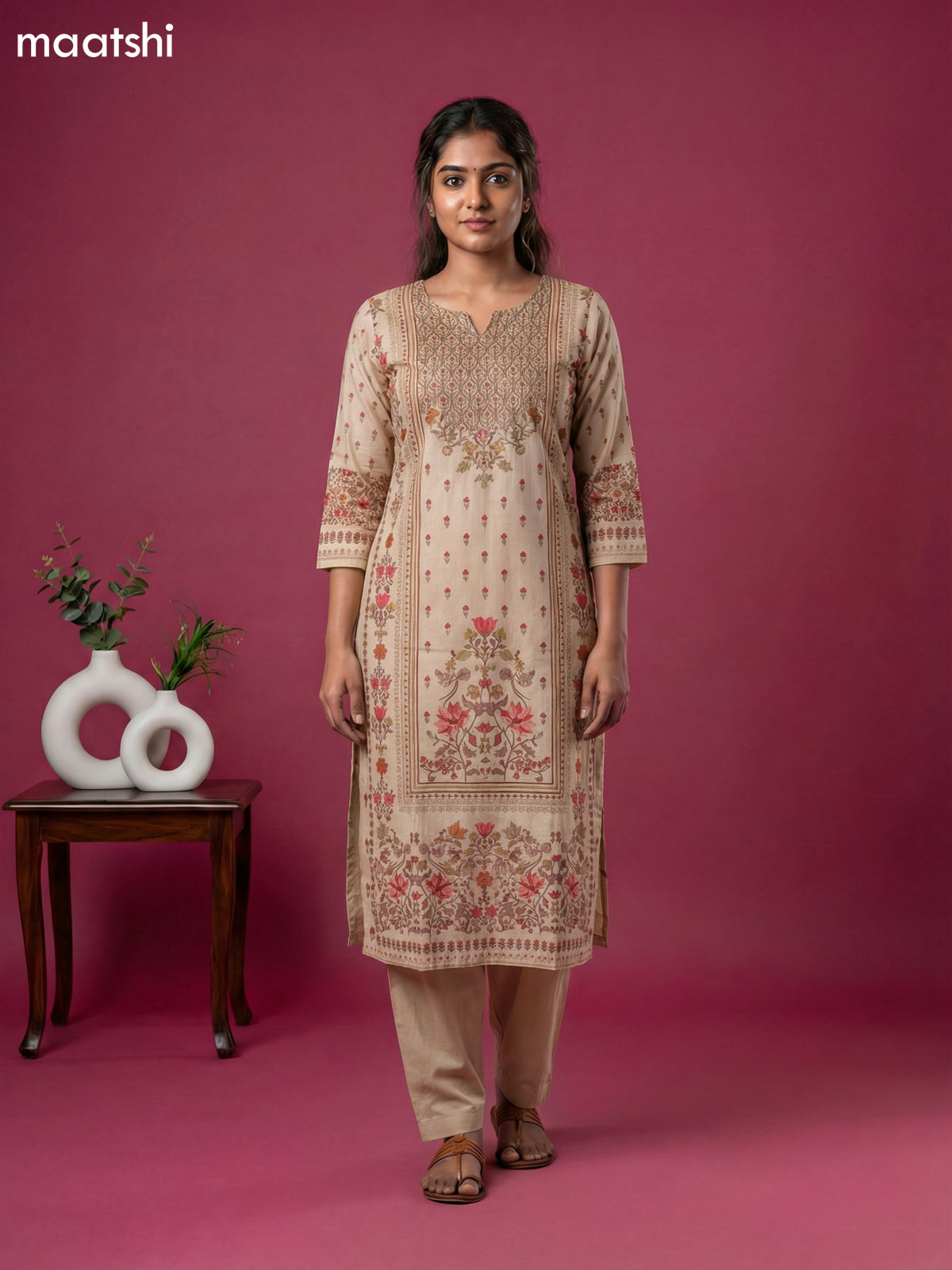 Beige Cotton Printed & Embroidery Work Straight Suit