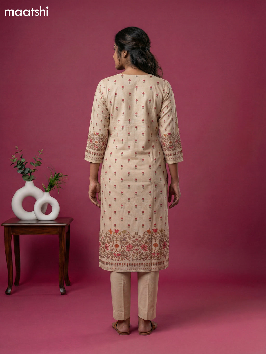 Beige Cotton Printed & Embroidery Work Straight Suit