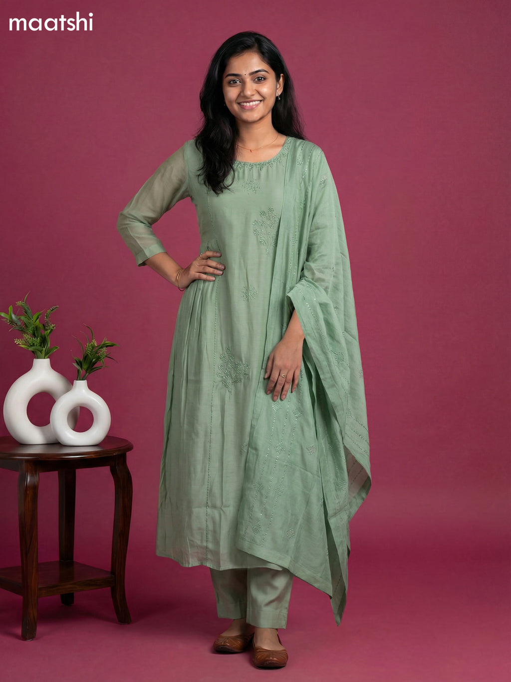 Pastel Green Mul Chanderi Embroidery Work Anarkali Suit