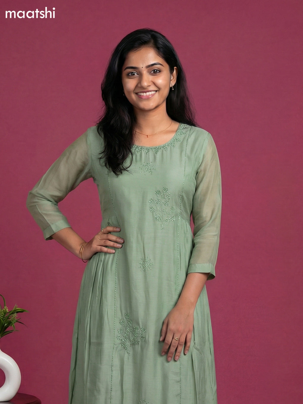 Pastel Green Mul Chanderi Embroidery Work Anarkali Suit