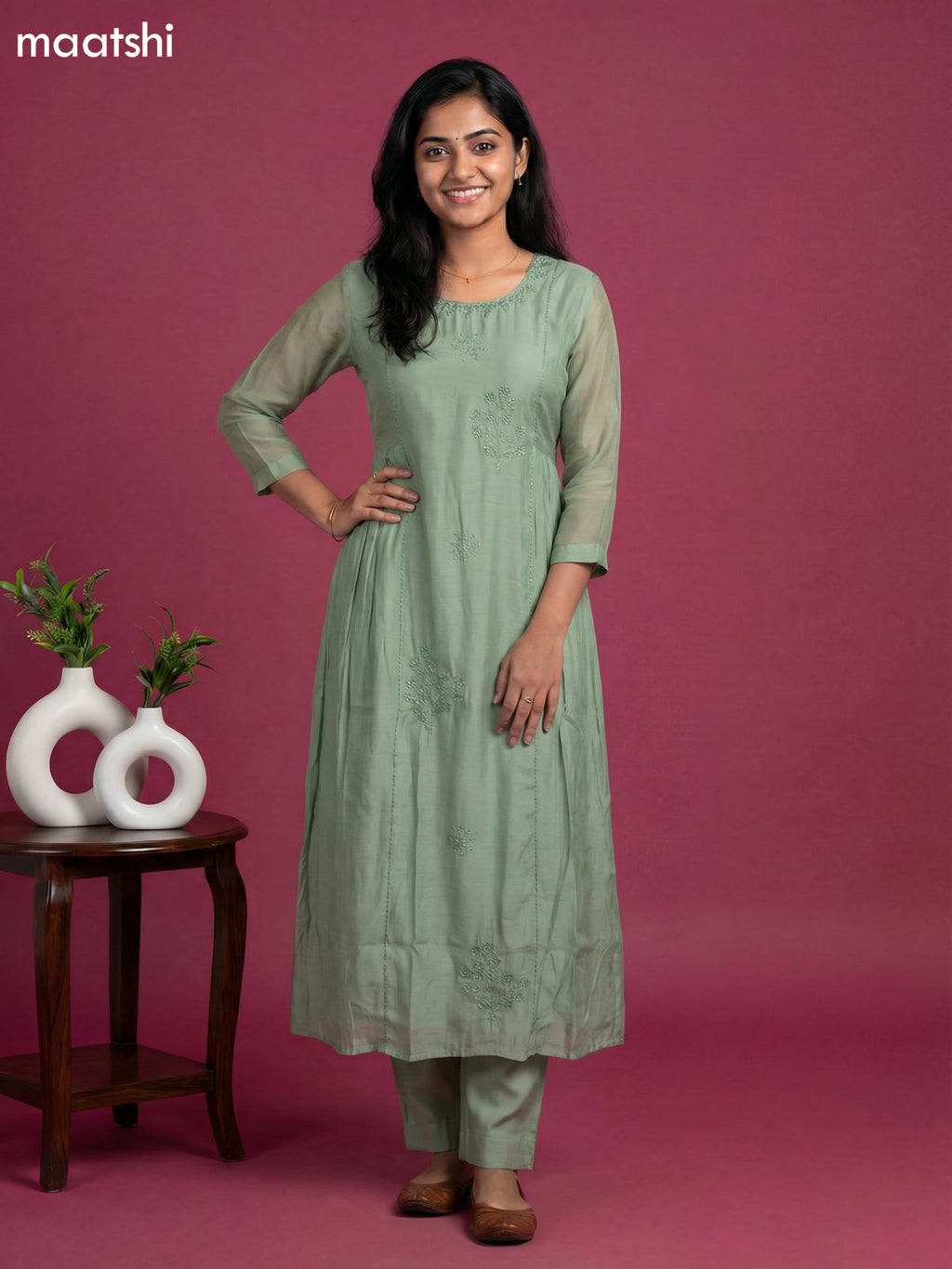 Pastel Green Mul Chanderi Embroidery Work Anarkali Suit