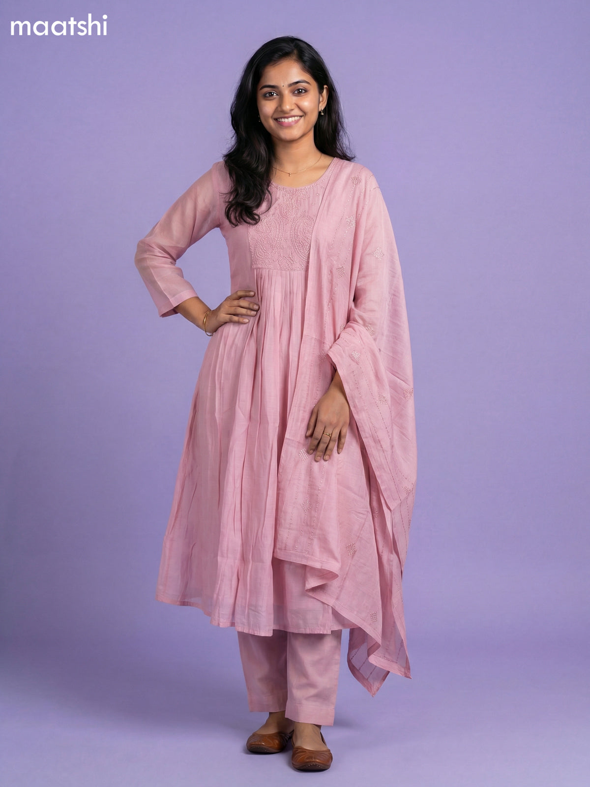 Baby Pink Mul Chanderi Embroidery Work Anarkali Suit
