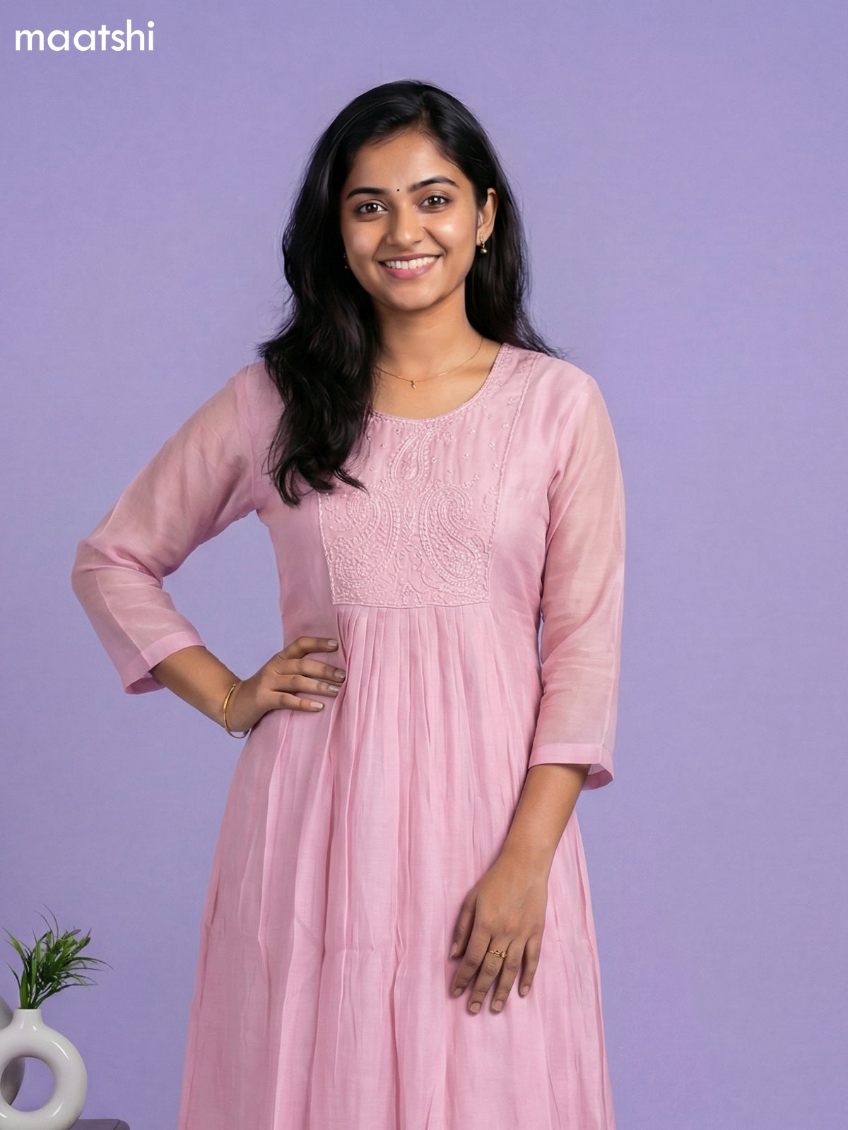 Baby Pink Mul Chanderi Embroidery Work Anarkali Suit