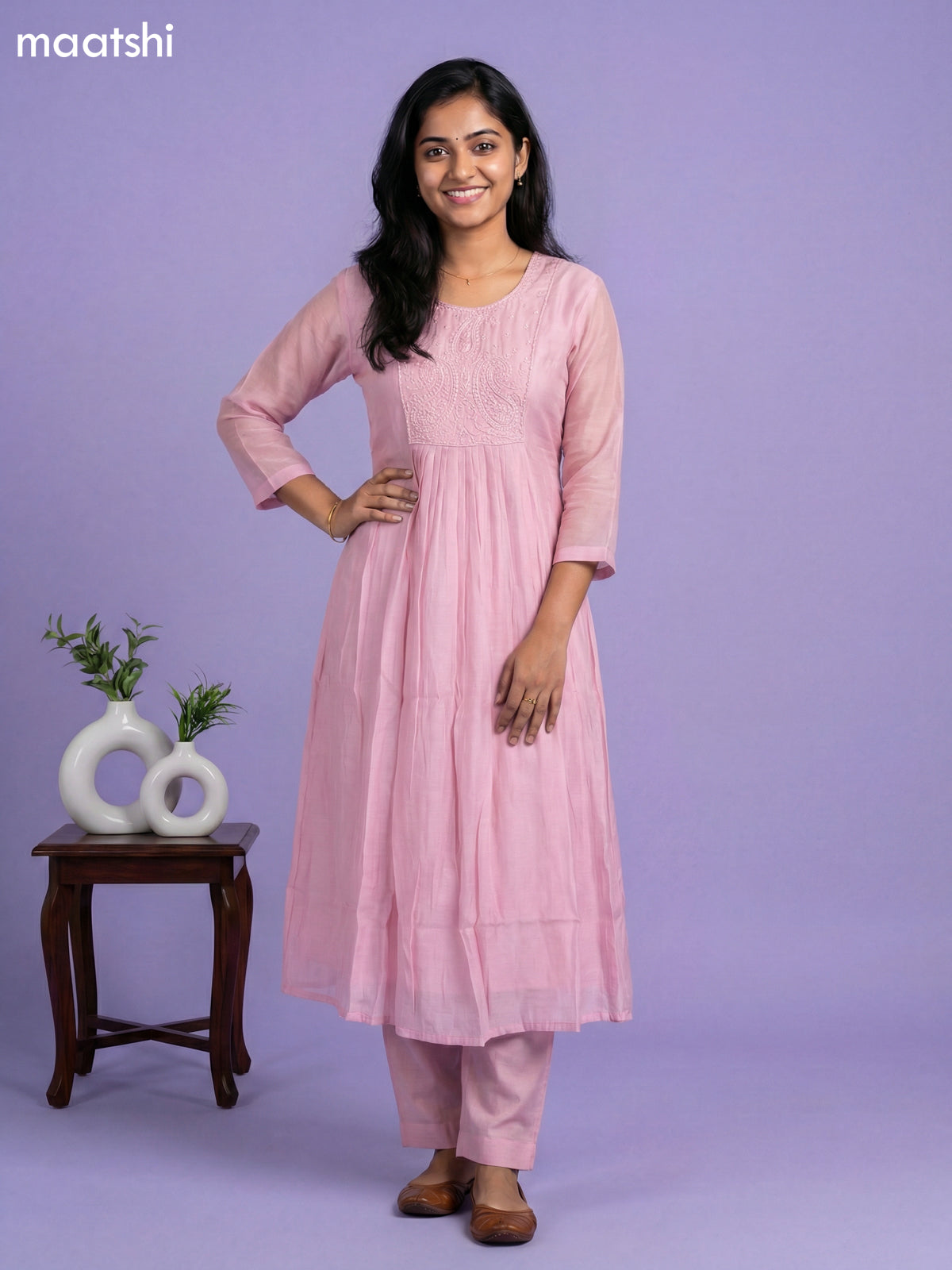 Baby Pink Mul Chanderi Embroidery Work Anarkali Suit