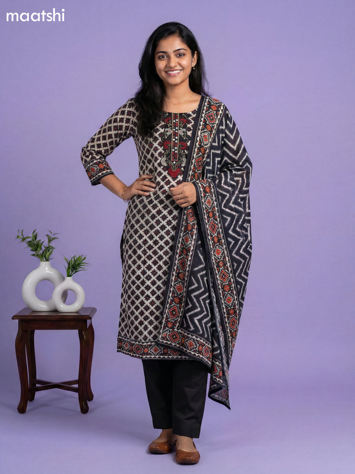 Cream and Black Crepe Silk Ikat Weaves Straight Suit