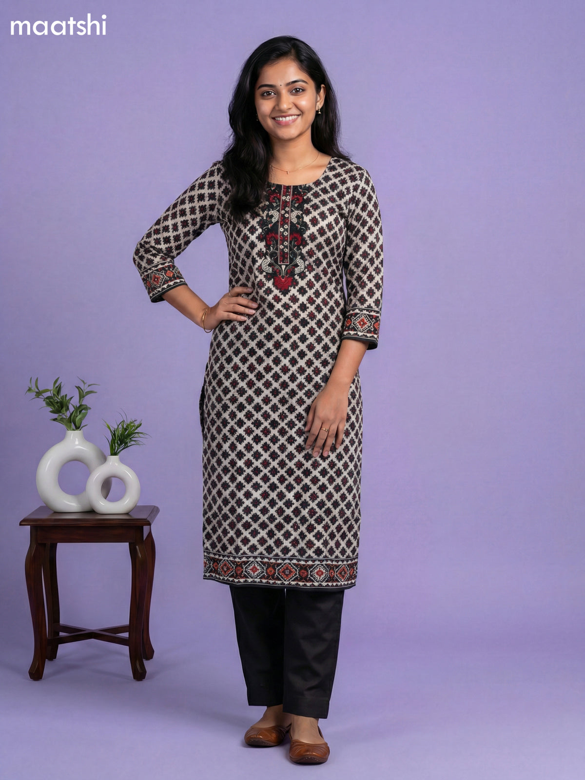 Cream and Black Crepe Silk Ikat Weaves Straight Suit