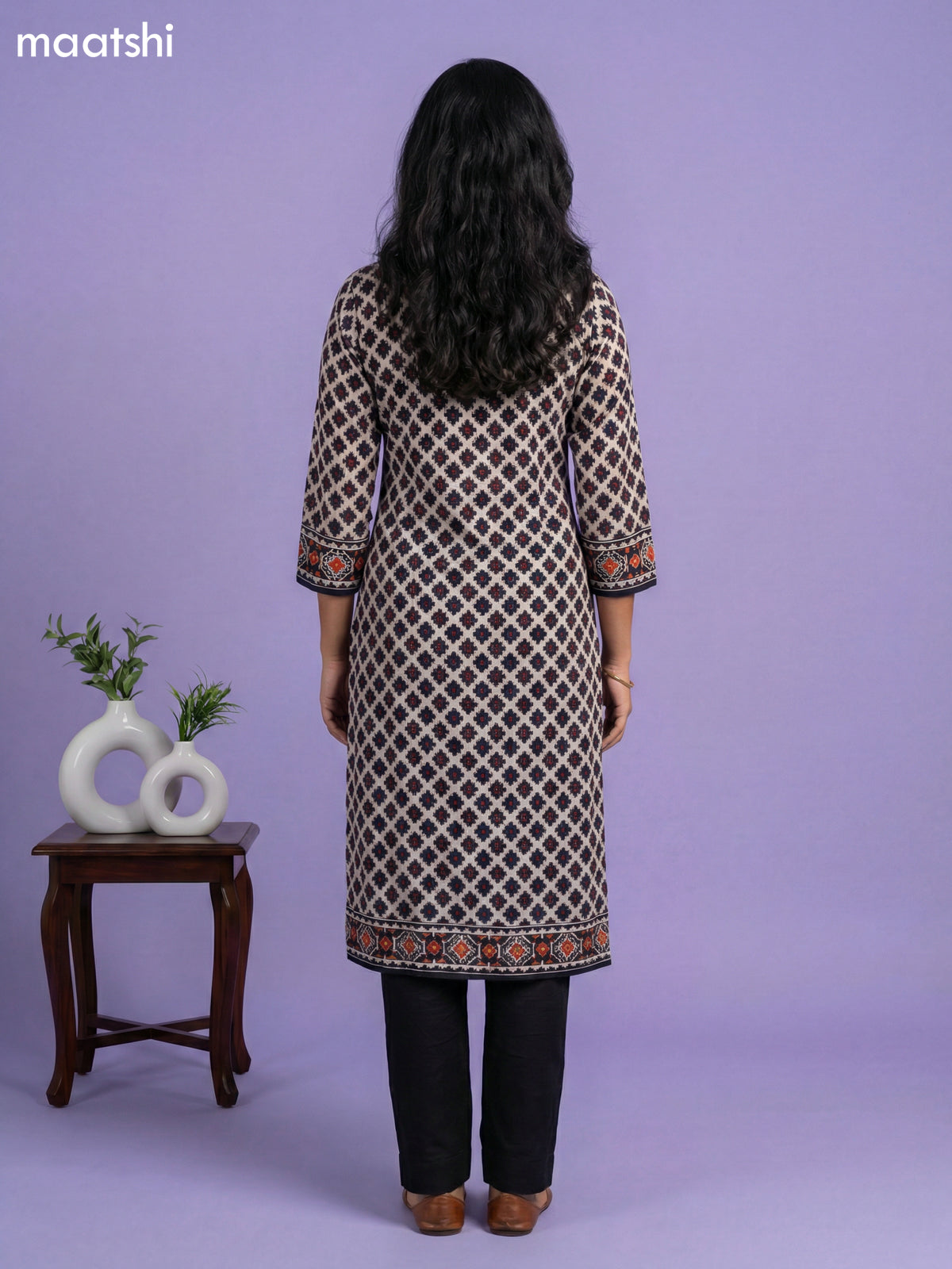 Cream and Black Crepe Silk Ikat Weaves Straight Suit