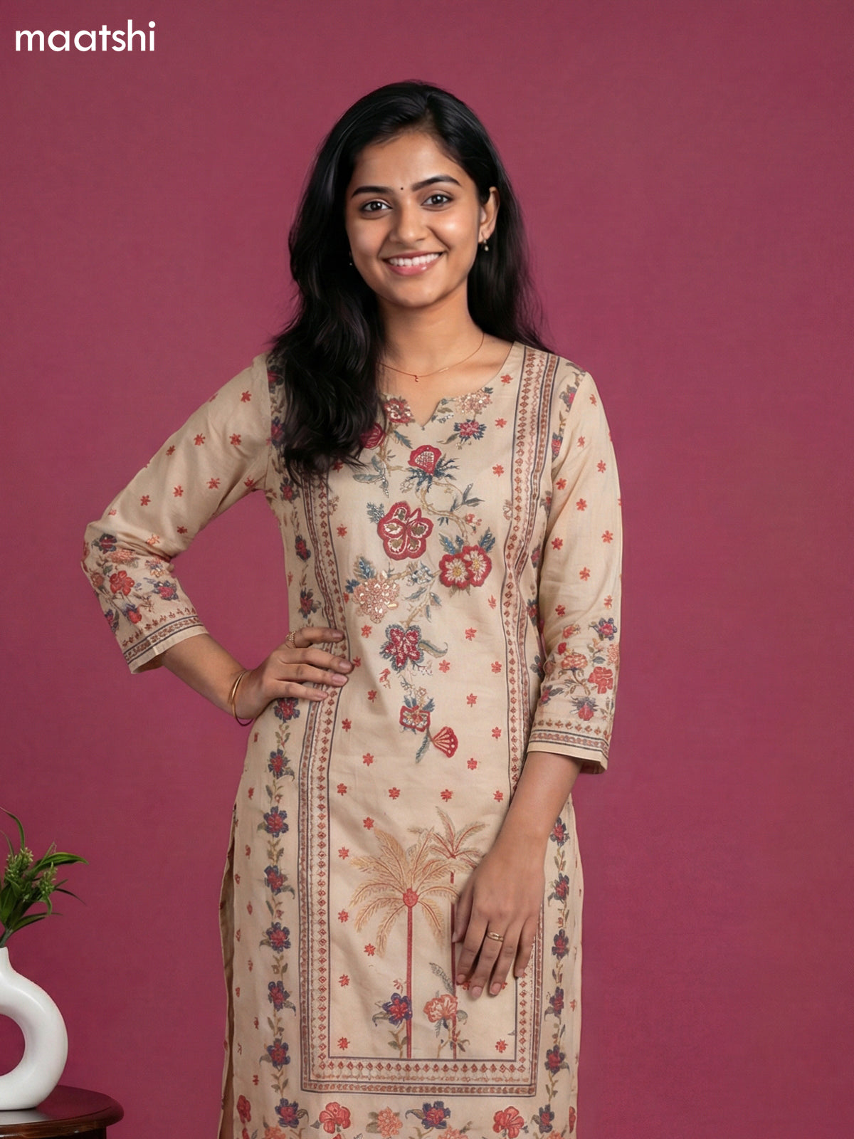 Beige Cotton Printed & Embroidery Work Straight Suit