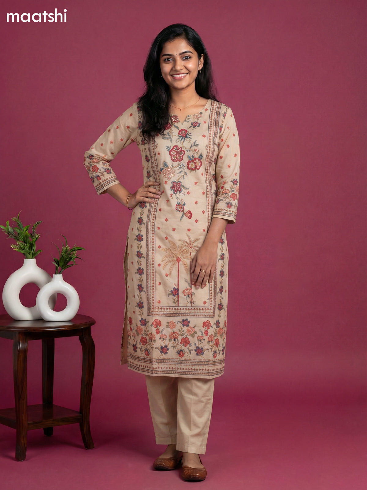 Beige Cotton Printed & Embroidery Work Straight Suit
