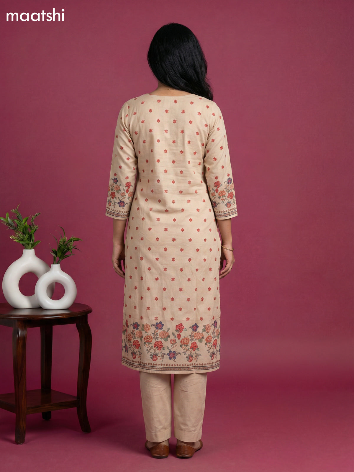 Beige Cotton Printed & Embroidery Work Straight Suit