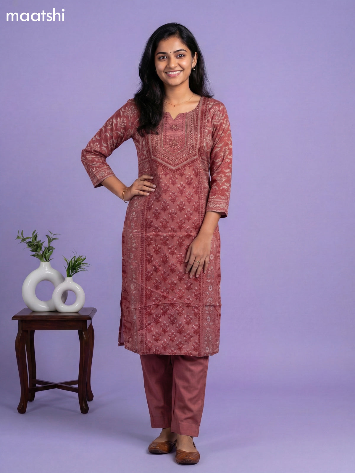Dark Peach Crepe Silk Printed & Embroidery Work Straight Suit