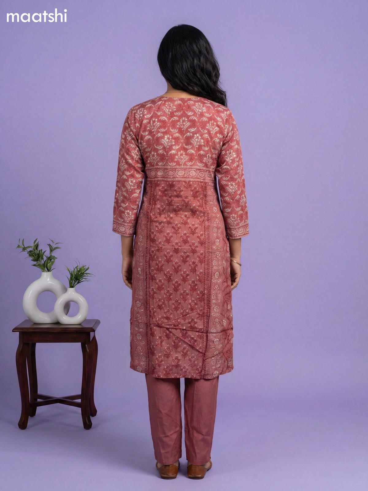 Dark Peach Crepe Silk Printed & Embroidery Work Straight Suit