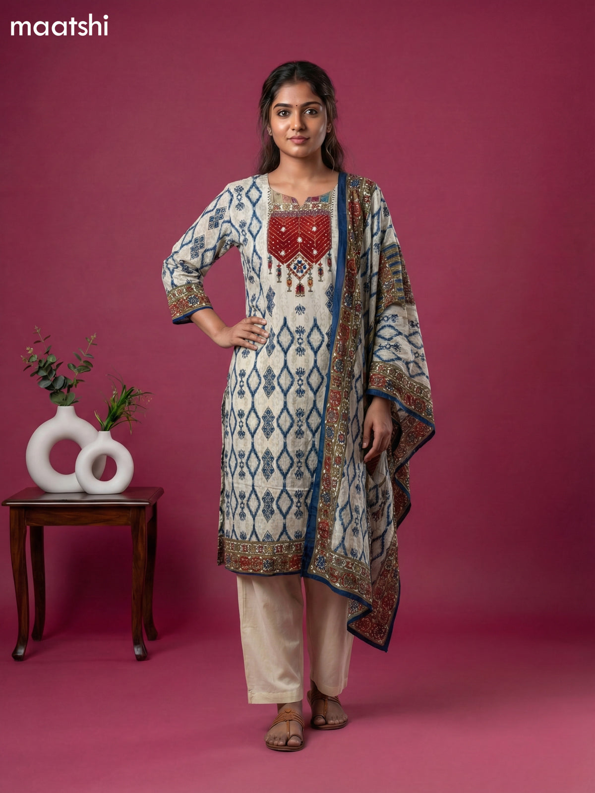 Cream Crepe Silk Ikat Weaves & Embroidery Work Straight Suit