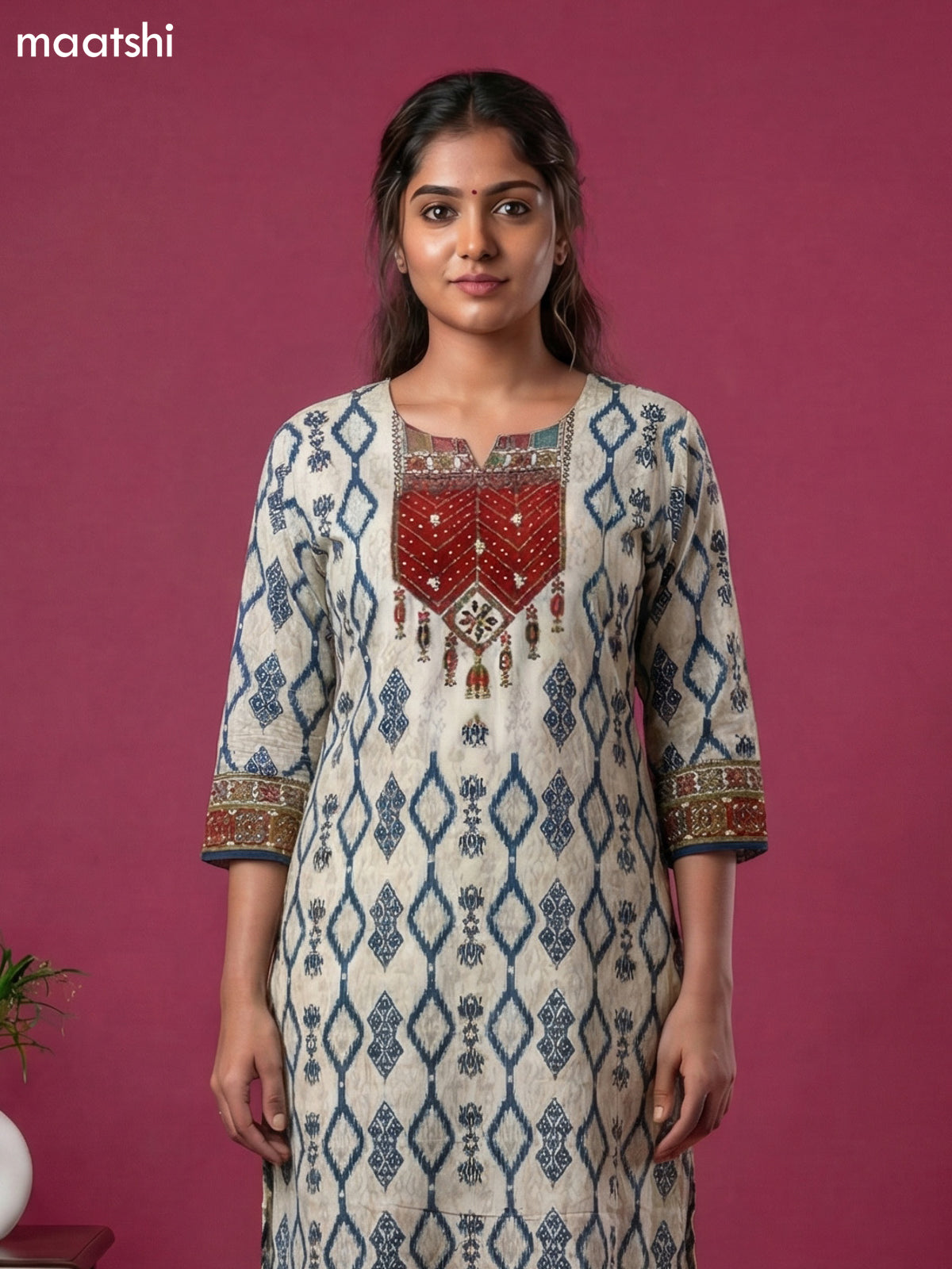 Cream Crepe Silk Ikat Weaves & Embroidery Work Straight Suit