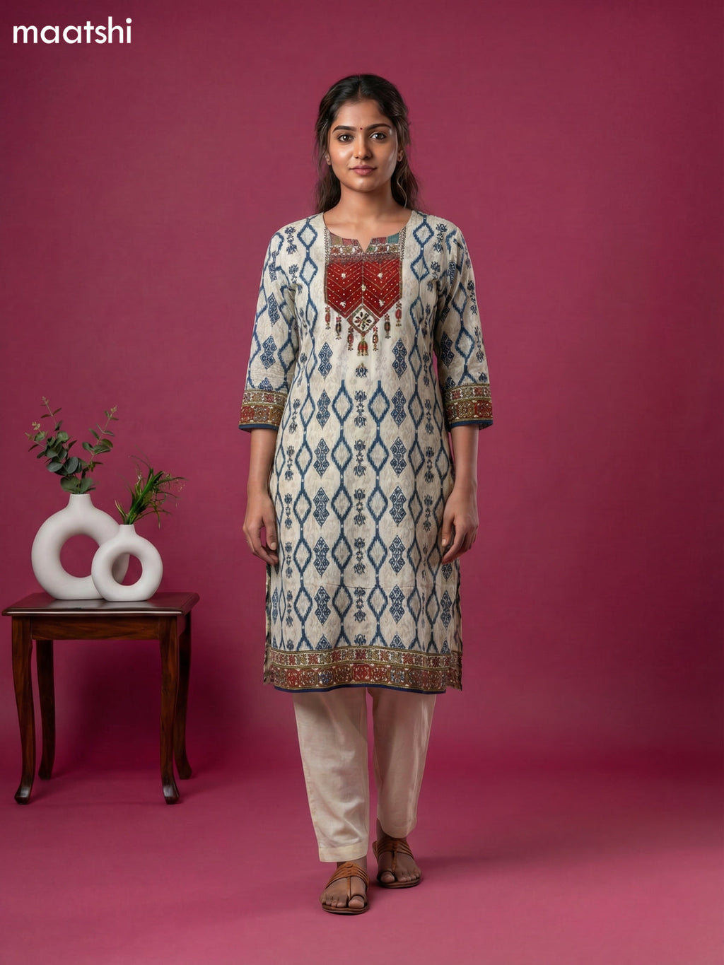 Cream Crepe Silk Ikat Weaves & Embroidery Work Straight Suit