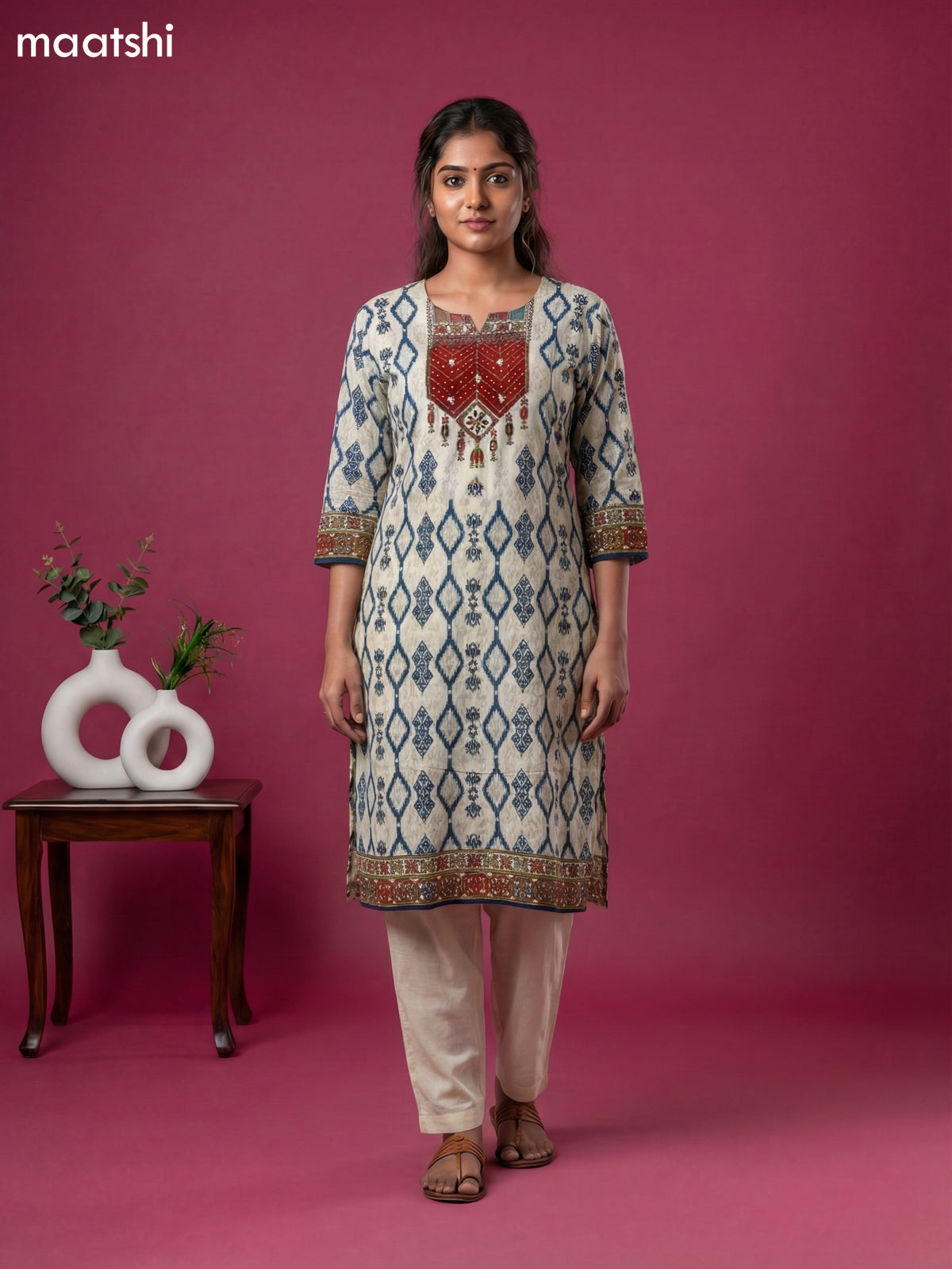 Cream Crepe Silk Ikat Weaves & Embroidery Work Straight Suit