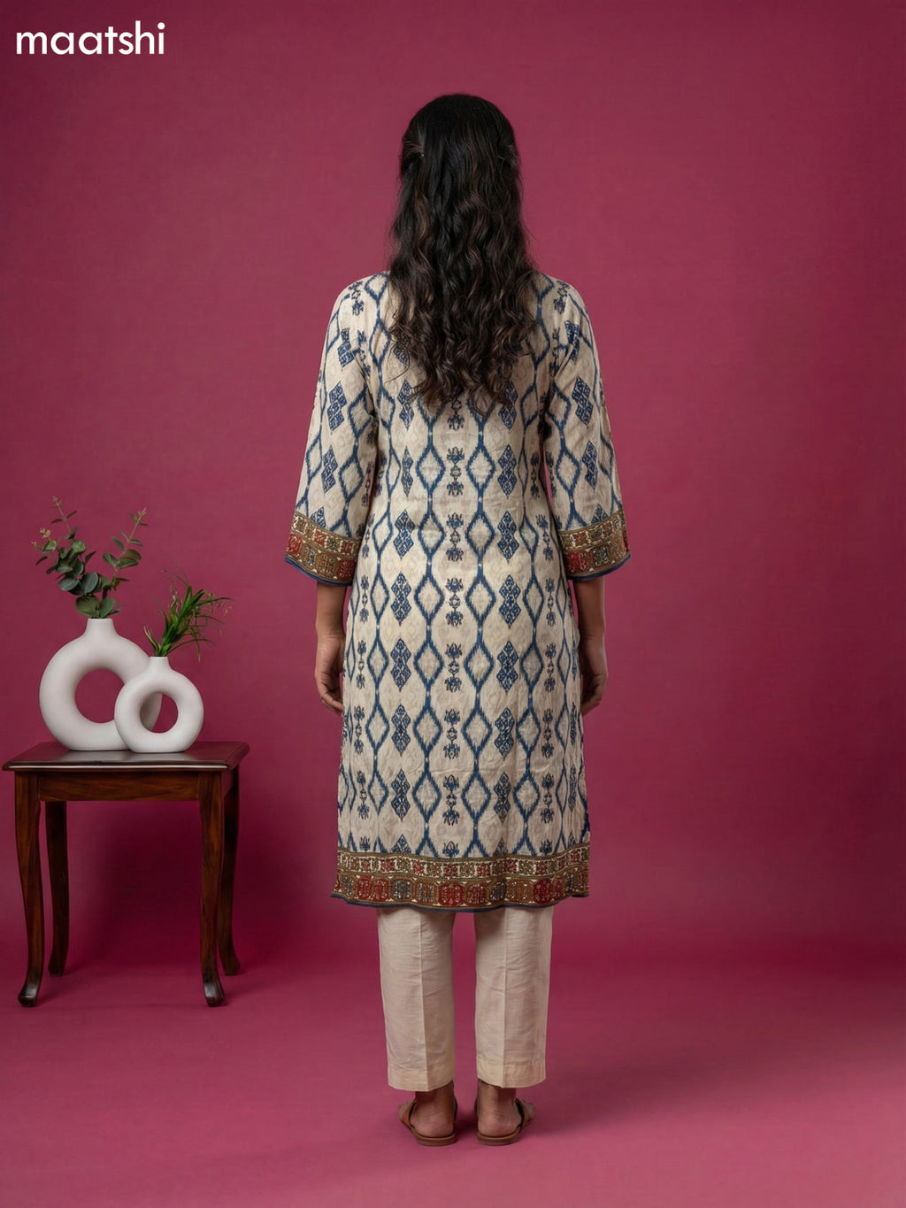 Cream Crepe Silk Ikat Weaves & Embroidery Work Straight Suit