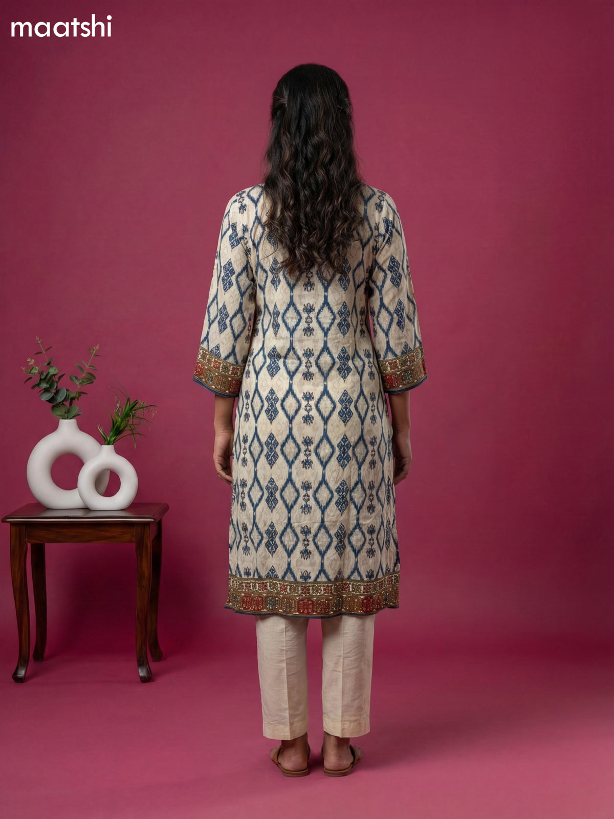 Cream Crepe Silk Ikat Weaves & Embroidery Work Straight Suit