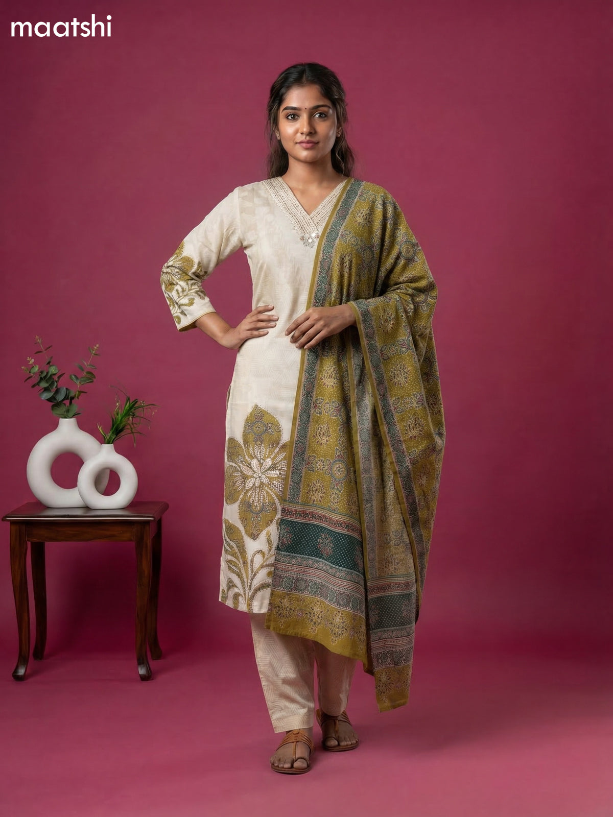 Beige and Mehendi Green Linen Cotton Printed & Embroidery Work Straight Suit