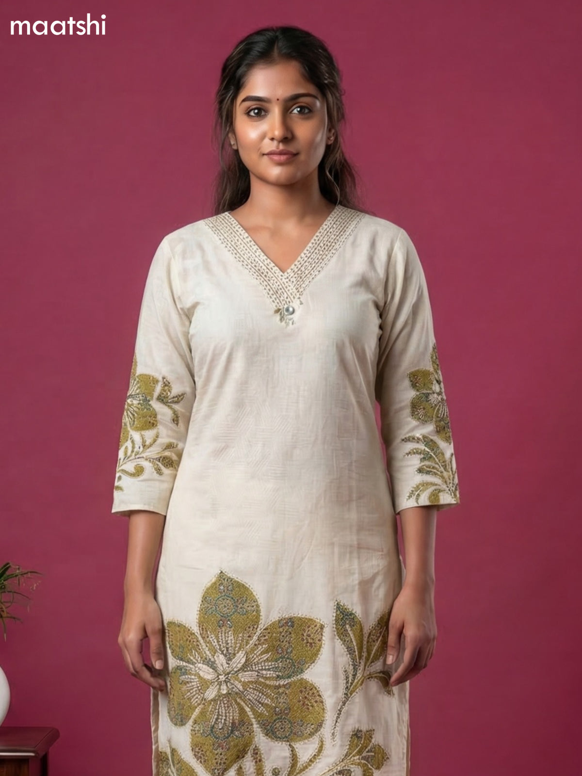 Beige and Mehendi Green Linen Cotton Printed & Embroidery Work Straight Suit