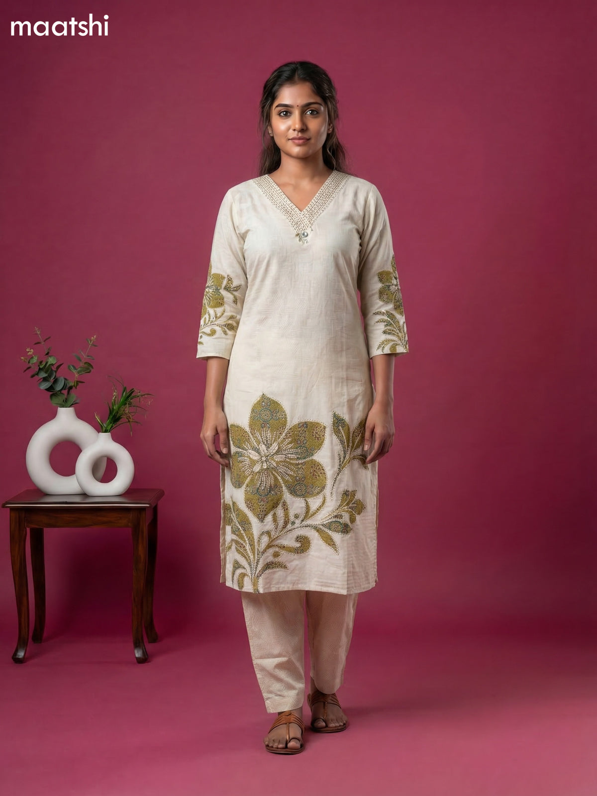Beige and Mehendi Green Linen Cotton Printed & Embroidery Work Straight Suit
