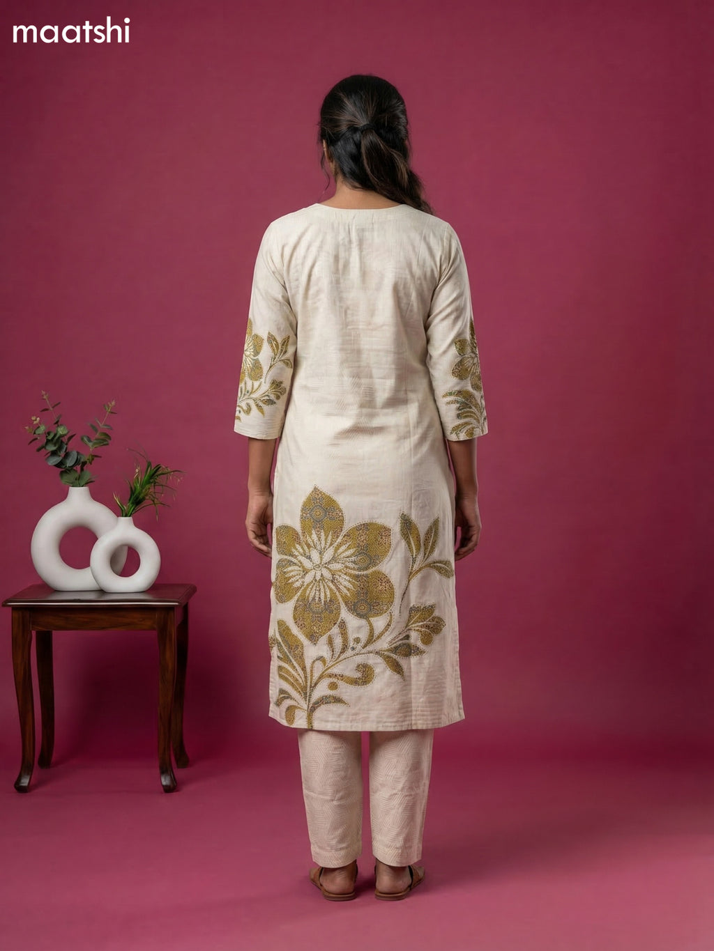 Beige and Mehendi Green Linen Cotton Printed & Embroidery Work Straight Suit