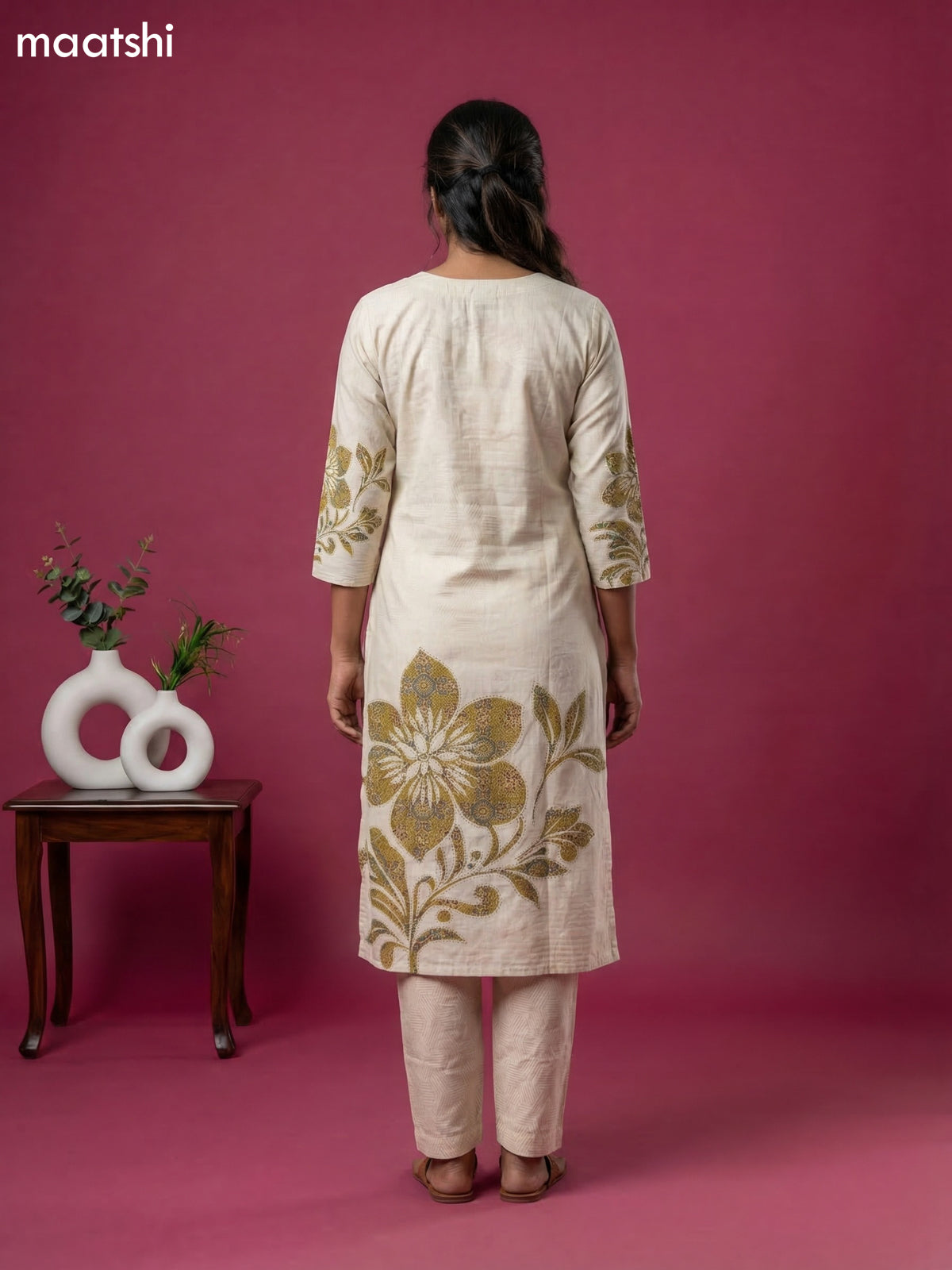 Beige and Mehendi Green Linen Cotton Printed & Embroidery Work Straight Suit