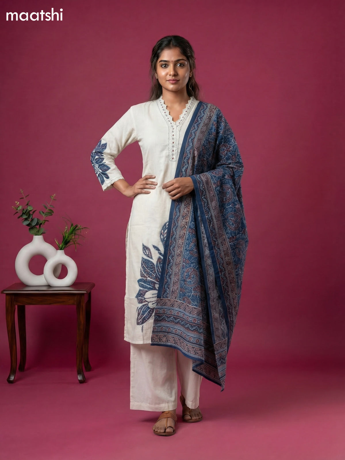 Off White and Peacock Blue Linen Cotton Printed & Embroidery Work Straight Suit