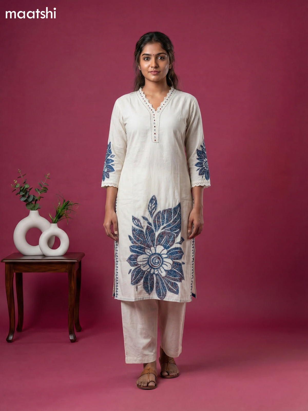 Off White and Peacock Blue Linen Cotton Printed & Embroidery Work Straight Suit