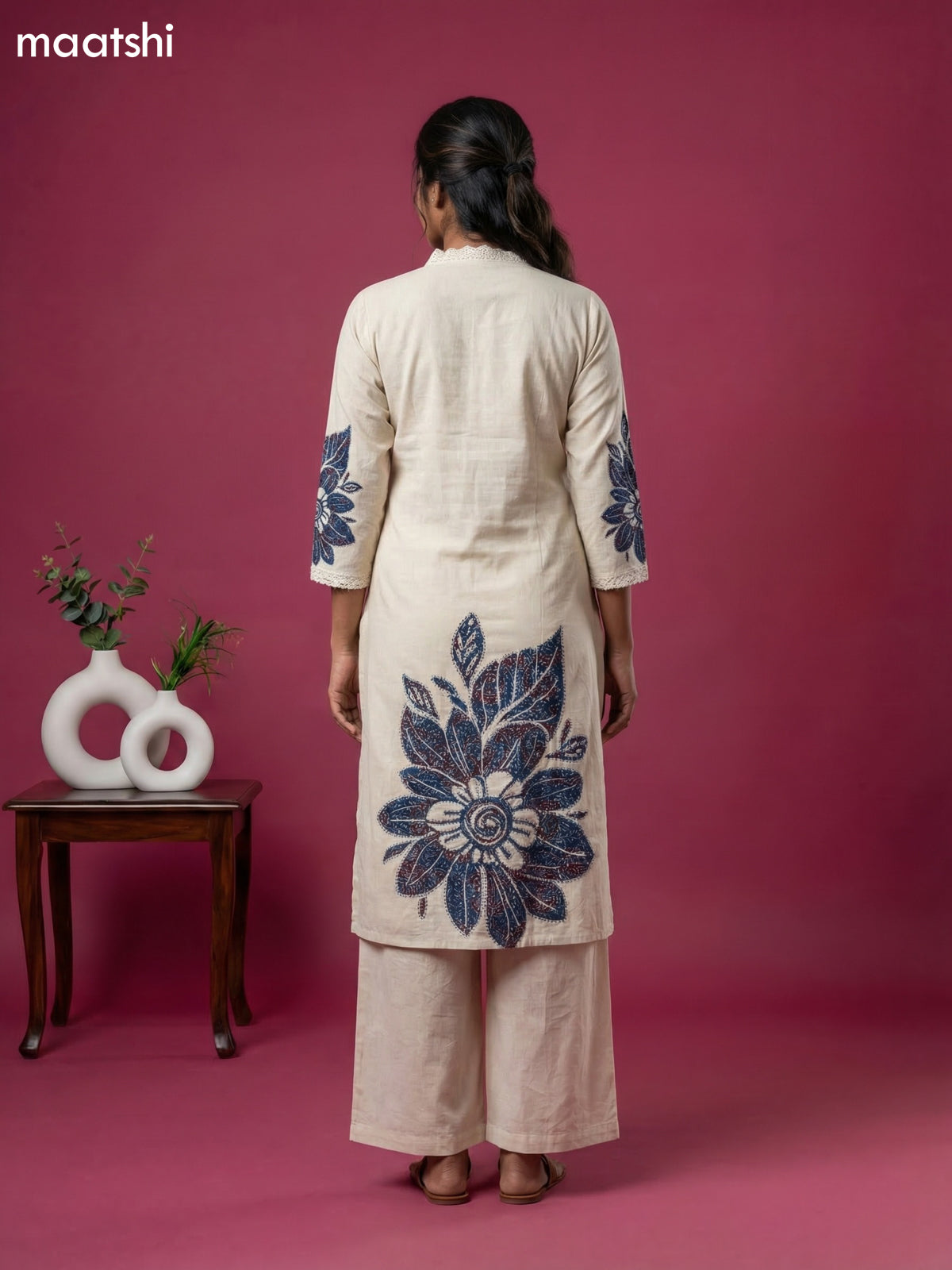 Off White and Peacock Blue Linen Cotton Printed & Embroidery Work Straight Suit