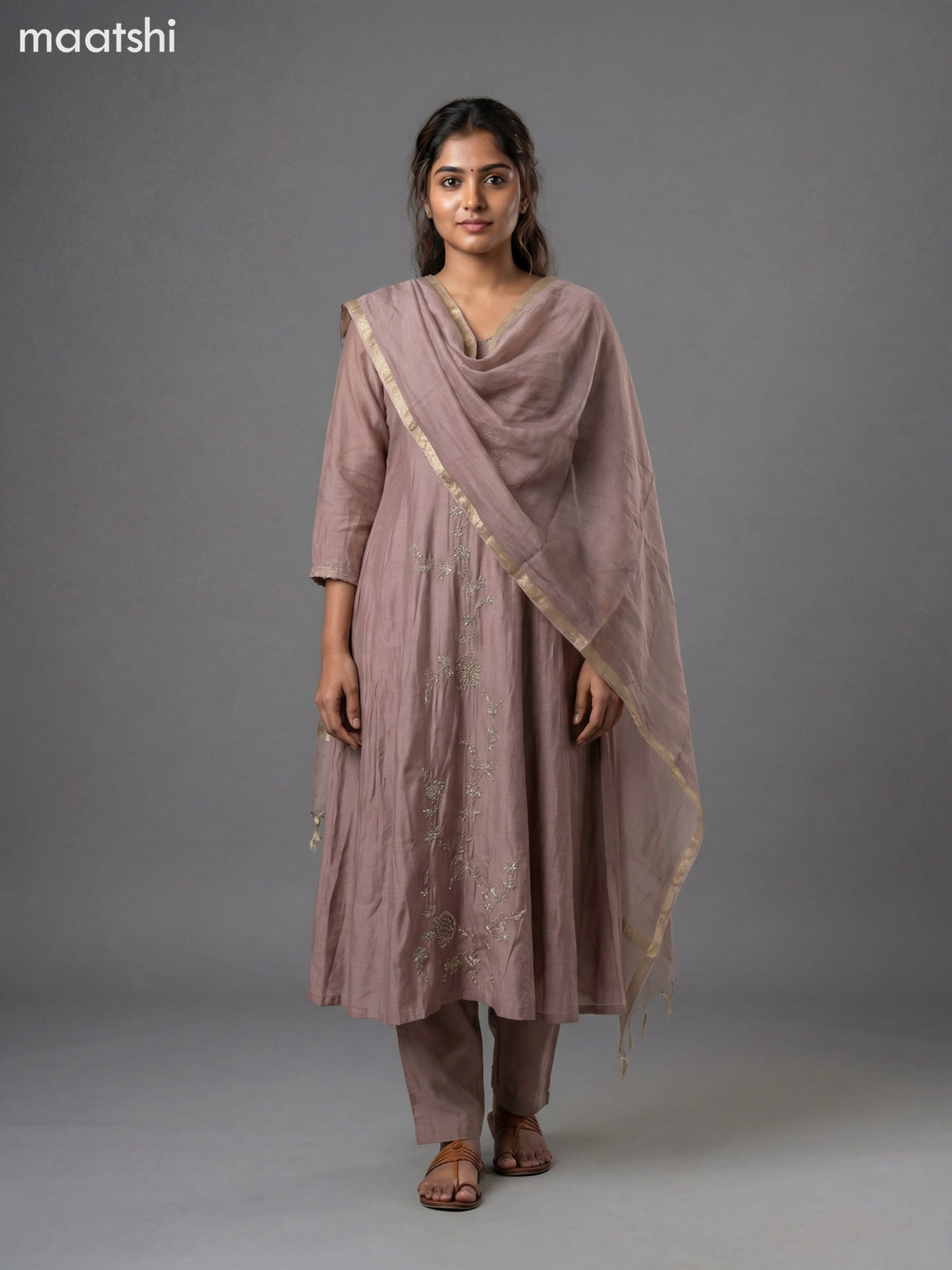 Pastel Brown Mul Chanderi Embroidery Work Anarkali Suit