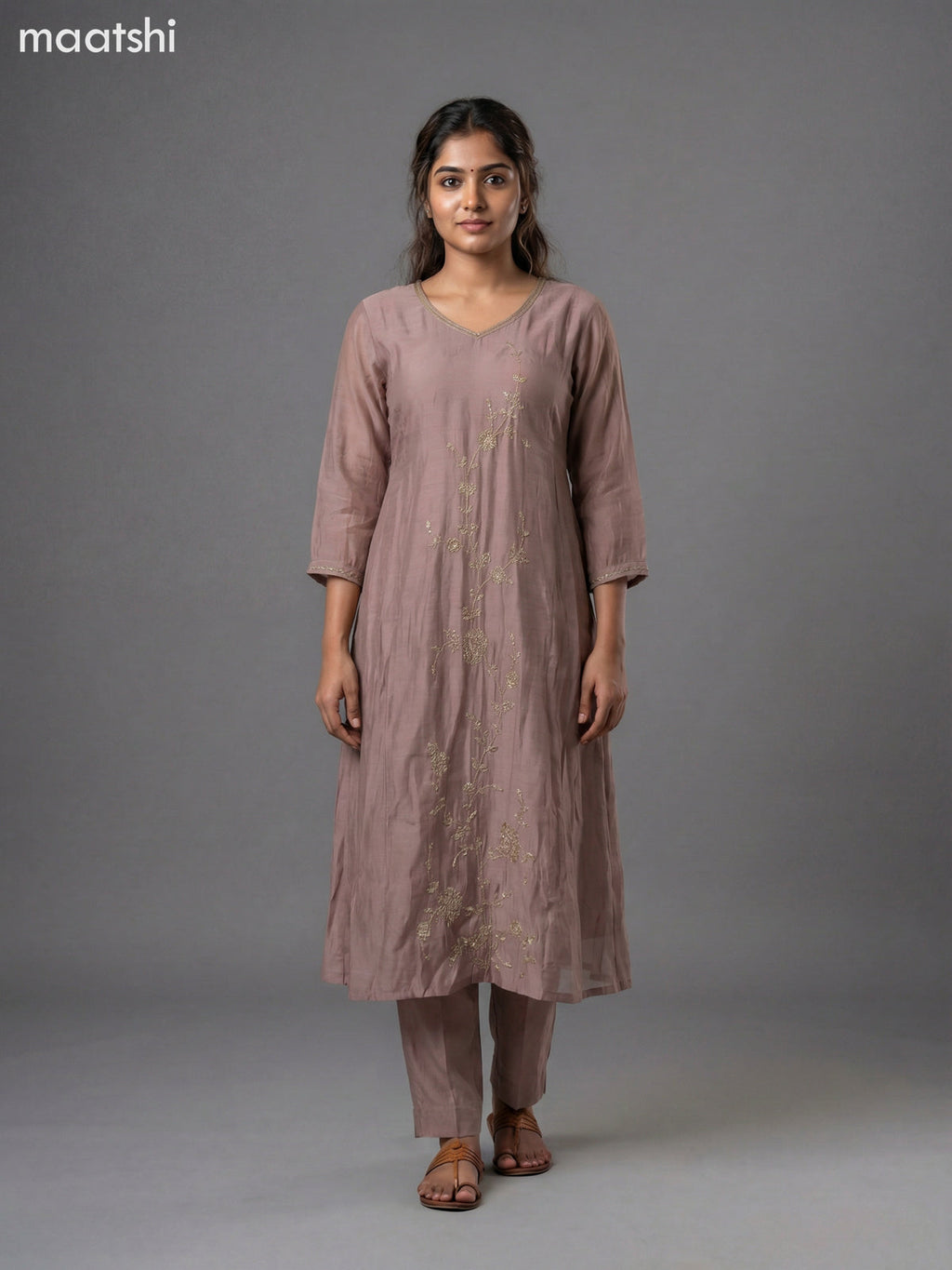 Pastel Brown Mul Chanderi Embroidery Work Anarkali Suit