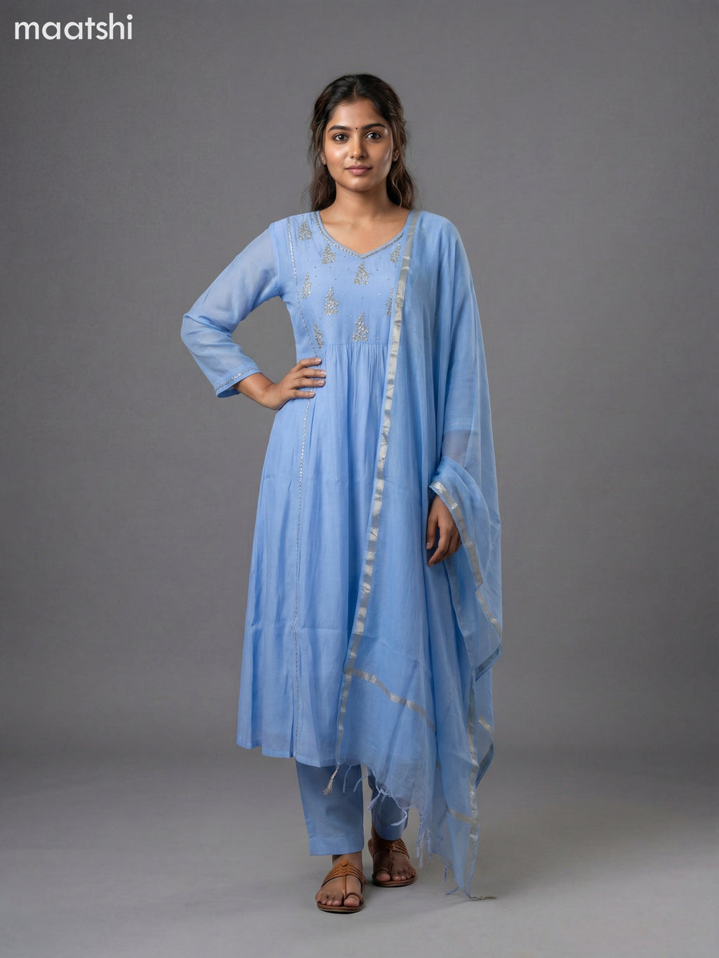 Light Blue Mul Chanderi Embroidery Work Anarkali Suit