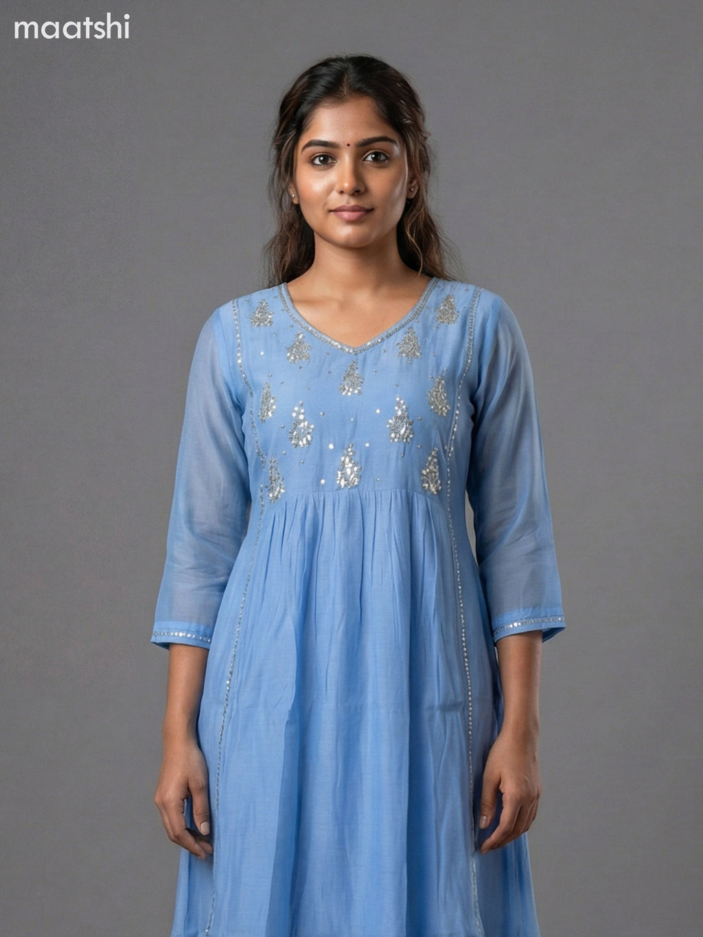 Light Blue Mul Chanderi Embroidery Work Anarkali Suit
