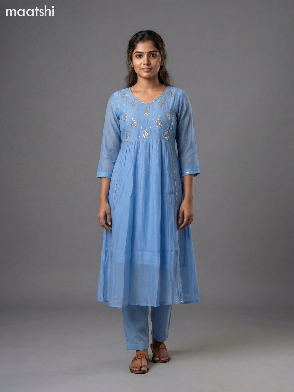 Light Blue Mul Chanderi Embroidery Work Anarkali Suit