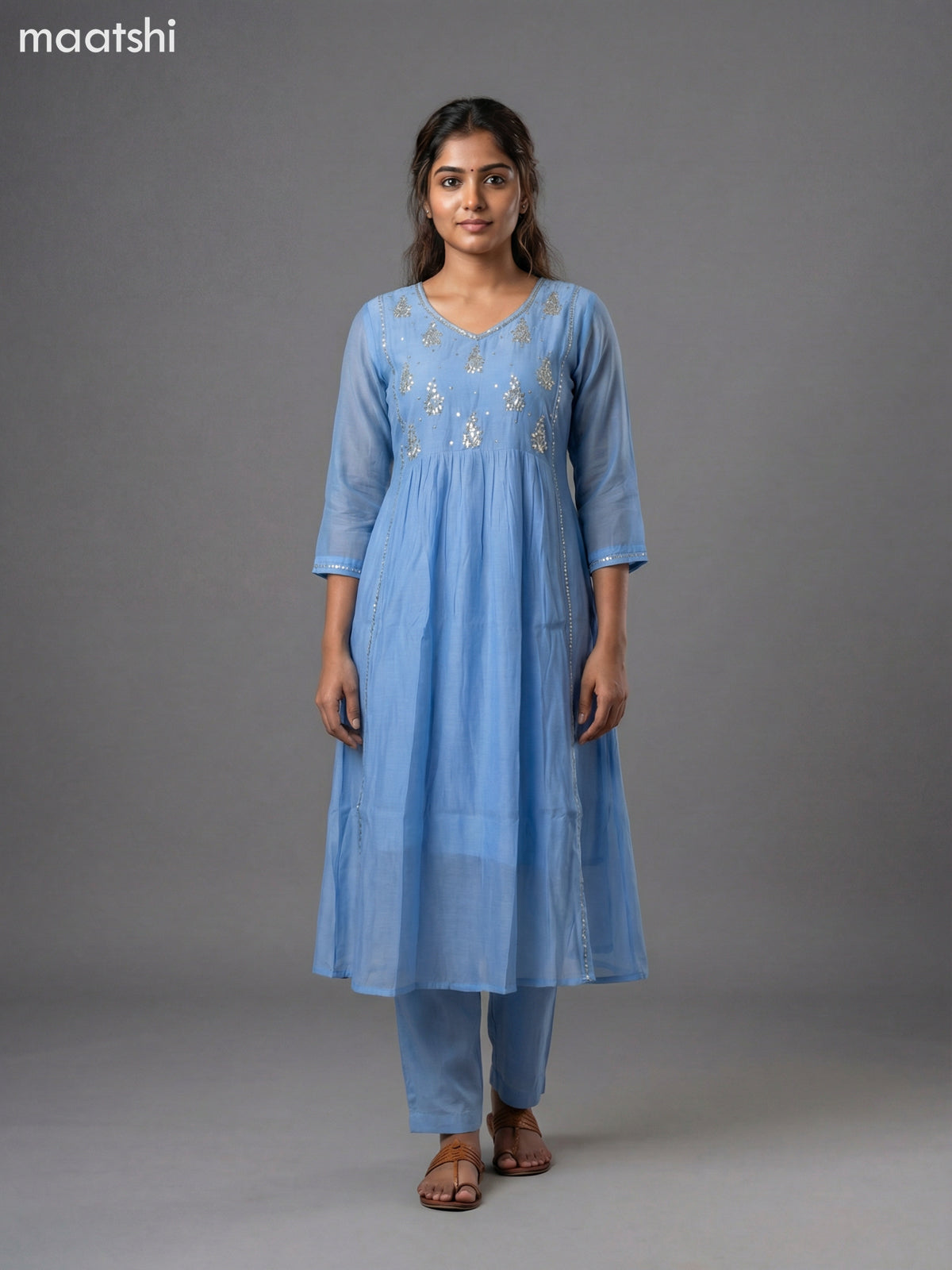 Light Blue Mul Chanderi Embroidery Work Anarkali Suit