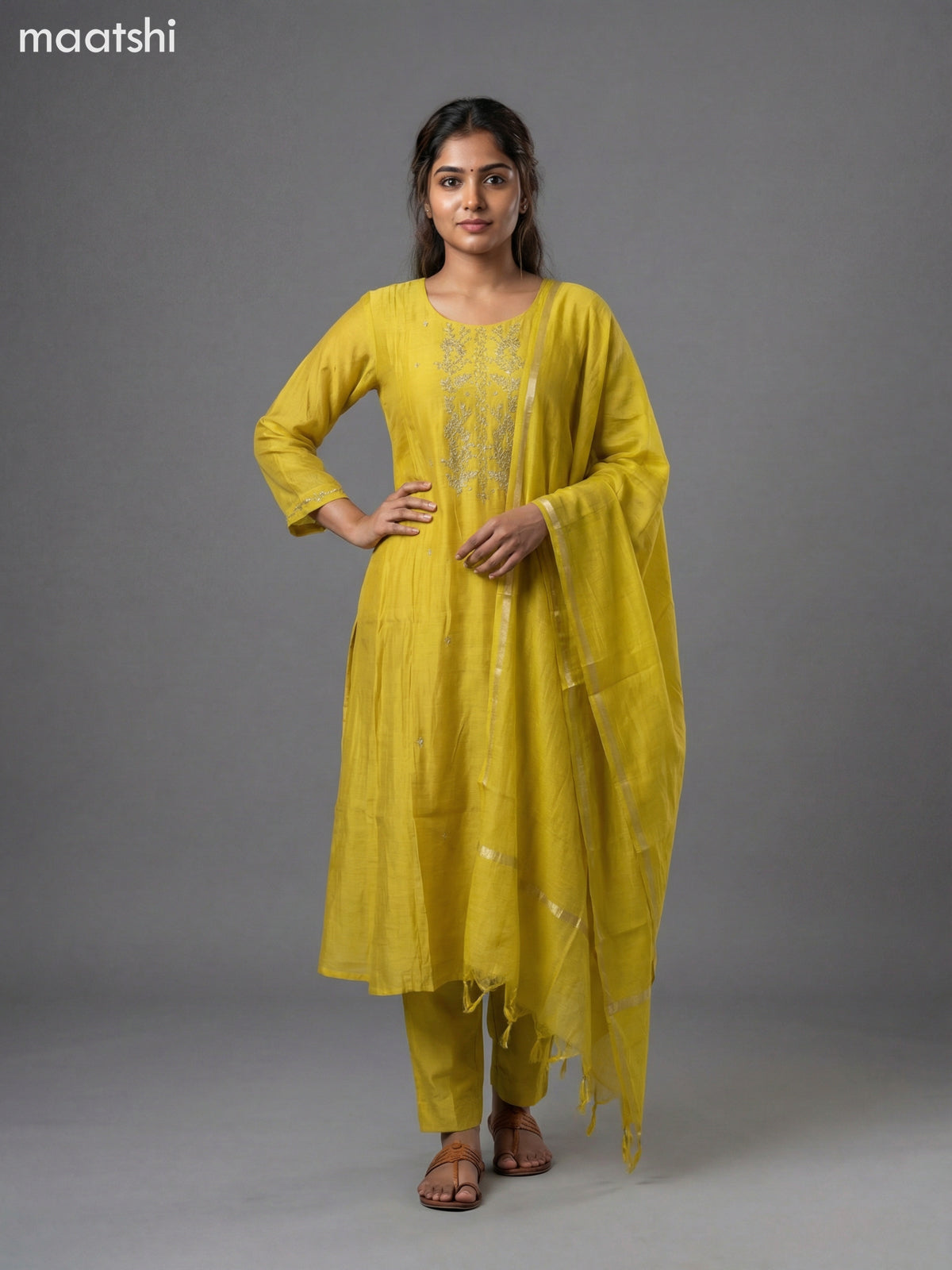 Mustard Yellow Mul Chanderi Embroidery Work Anarkali Suit