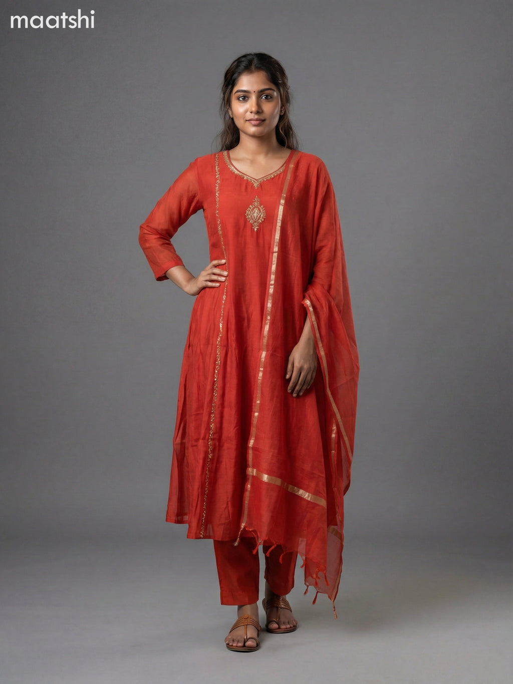 Dark Rust Mul Chanderi Embroidery Work Anarkali Suit