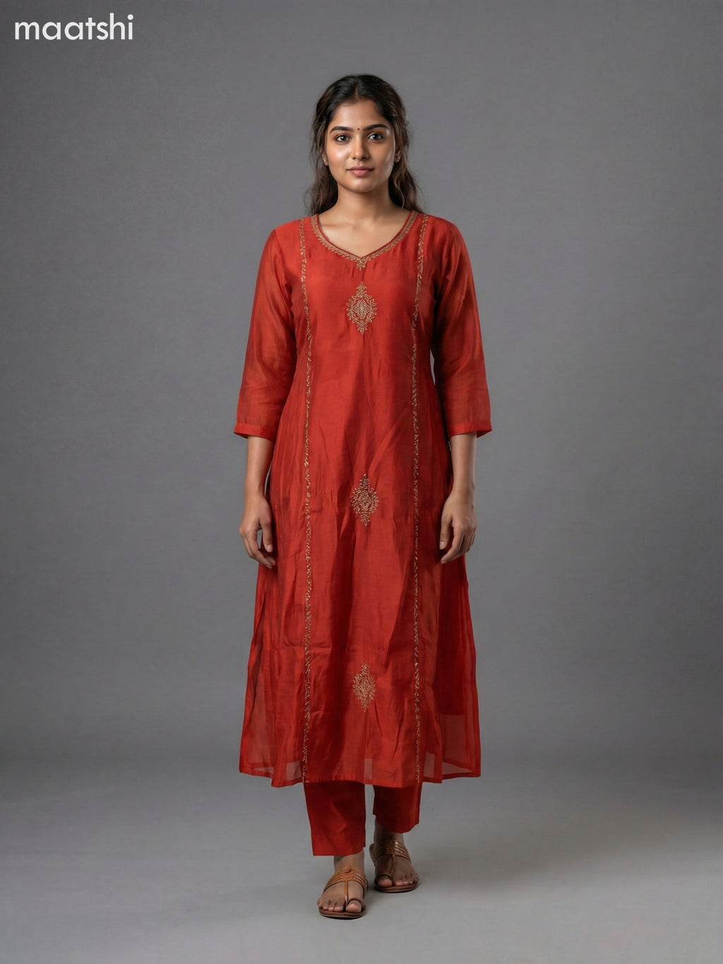 Dark Rust Mul Chanderi Embroidery Work Anarkali Suit