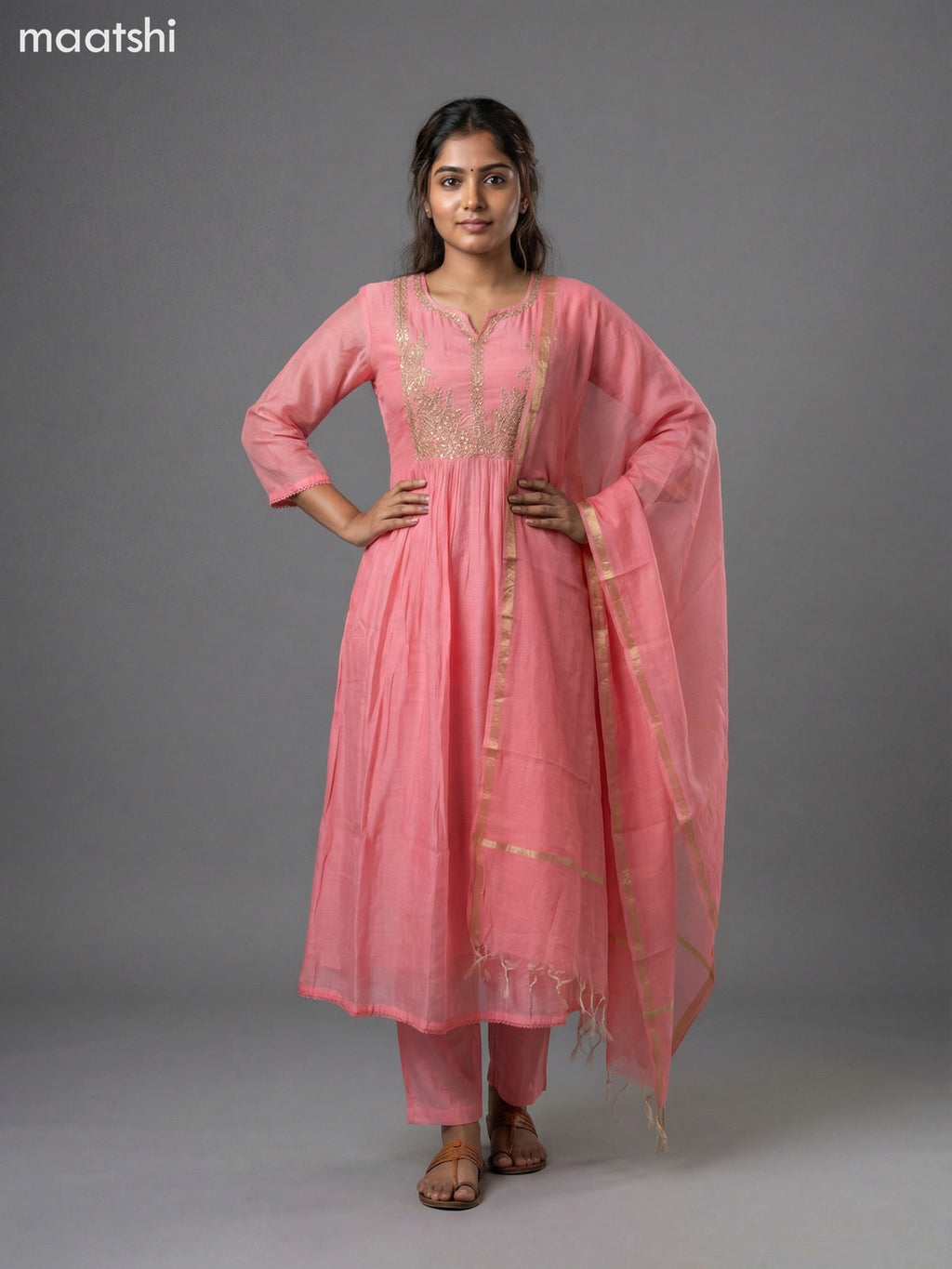 Peach Shade Mul Chanderi Embroidery Work Anarkali Suit
