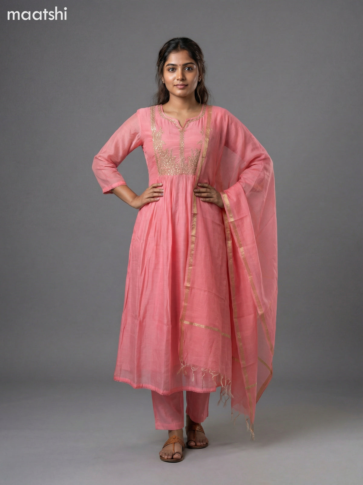 Peach Shade Mul Chanderi Embroidery Work Anarkali Suit